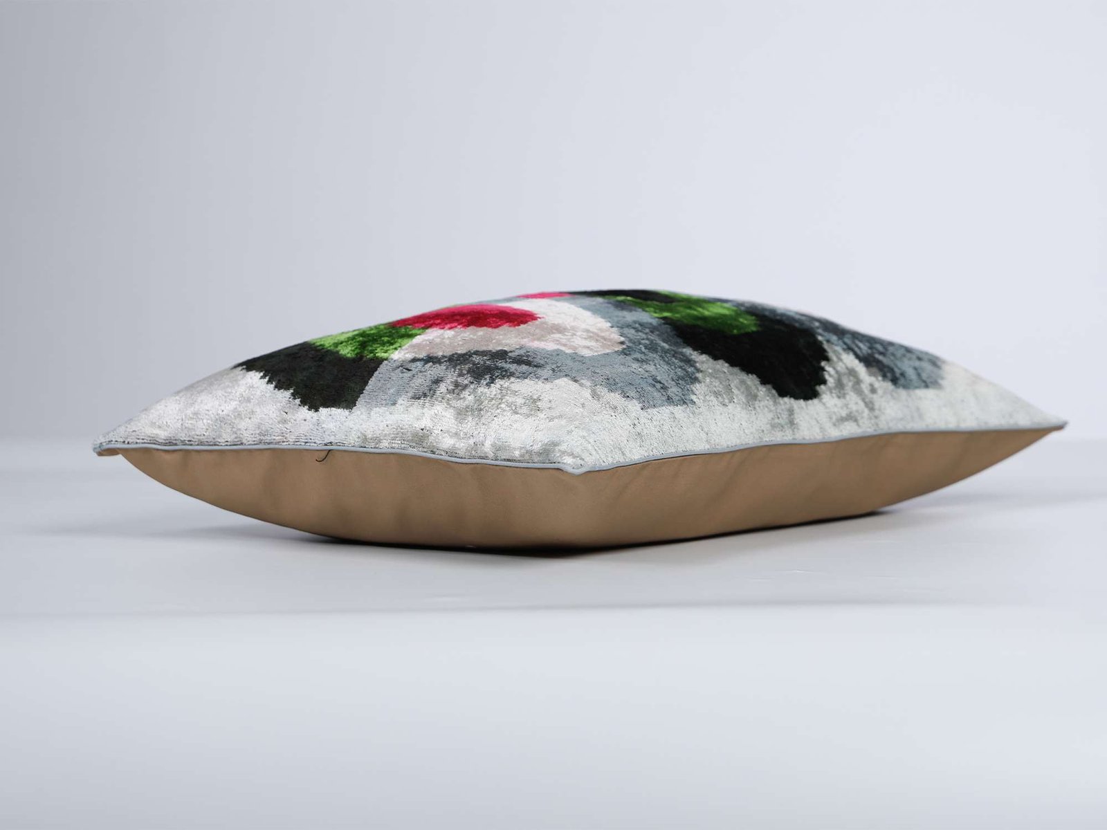 Silver Multicolor Handwoven Silk Velvet Ikat Lumbar Pillow Cover