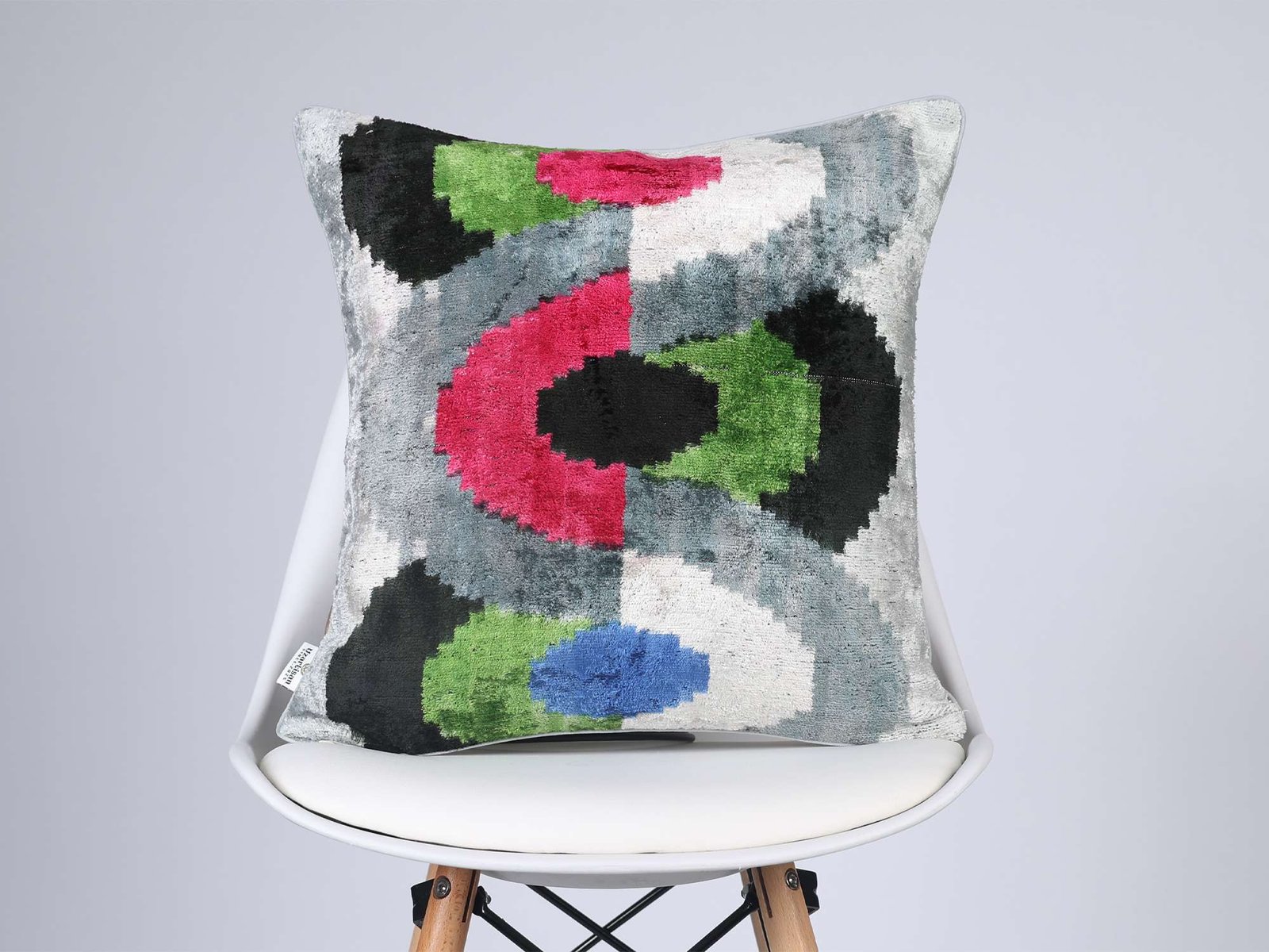 Silver Multicolor Handwoven Silk Velvet Ikat Lumbar Pillow Cover