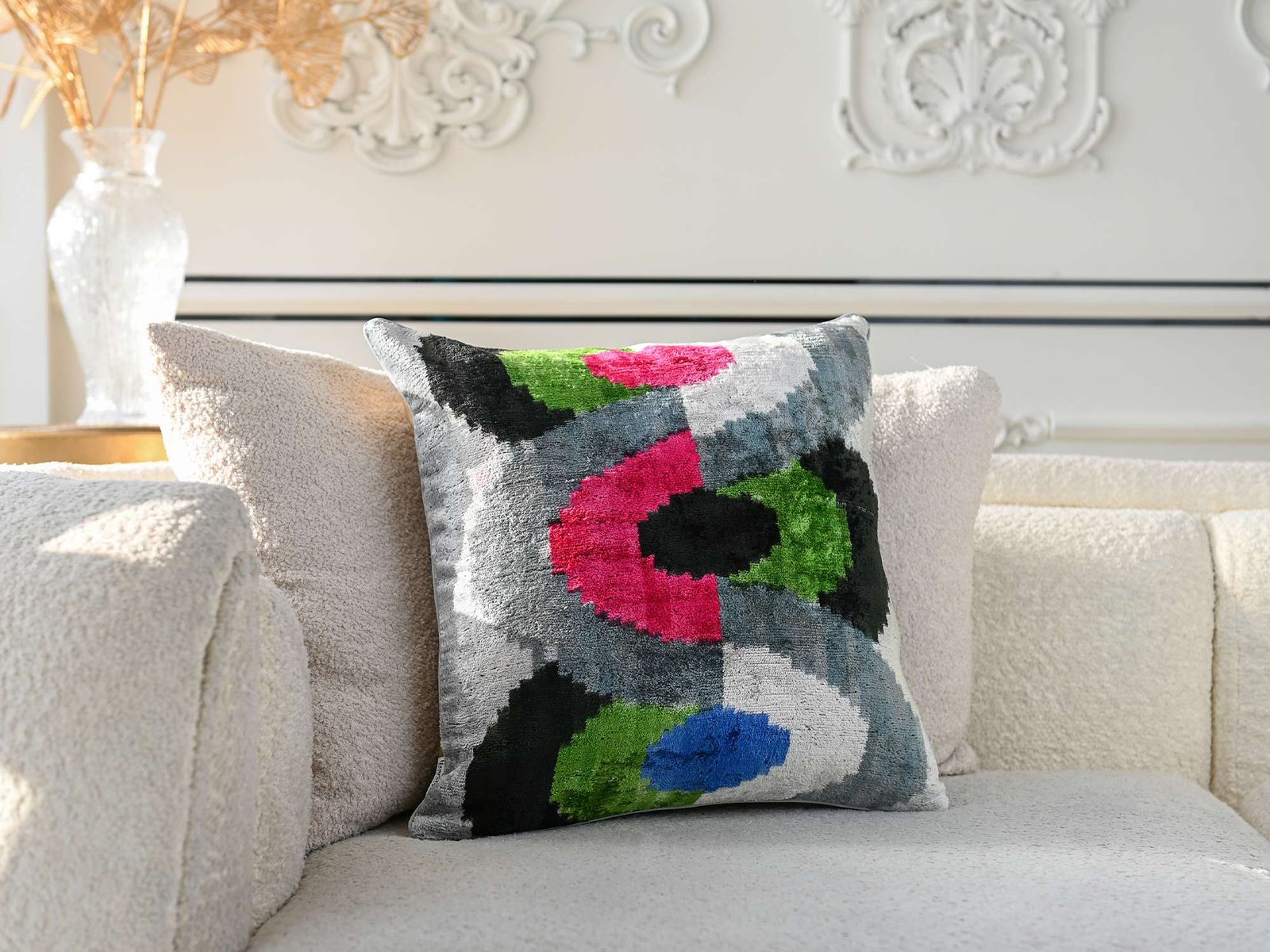 Silver Multicolor Handwoven Silk Velvet Ikat Lumbar Pillow Cover