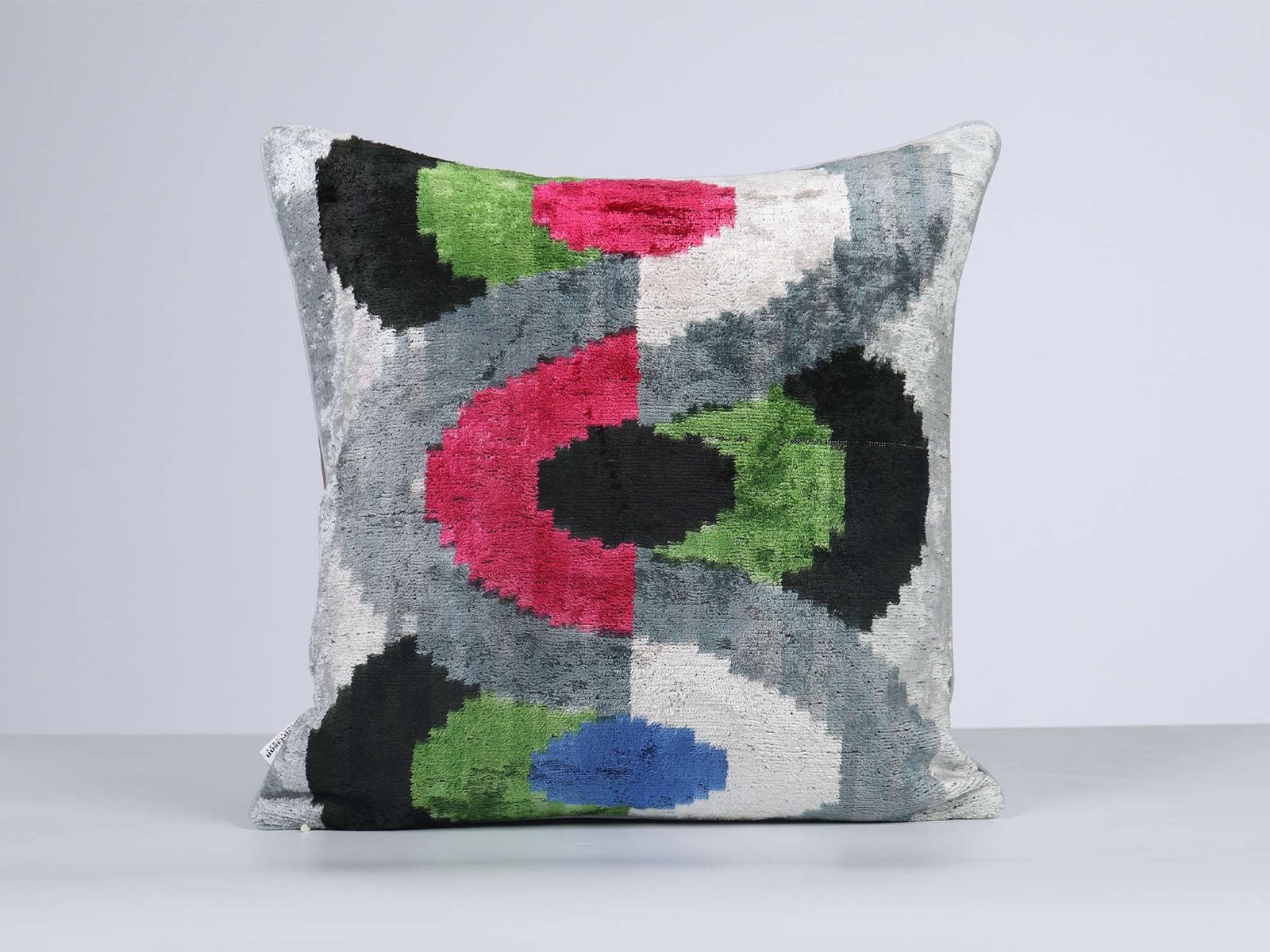 Silver Multicolor Handwoven Silk Velvet Ikat Lumbar Pillow Cover