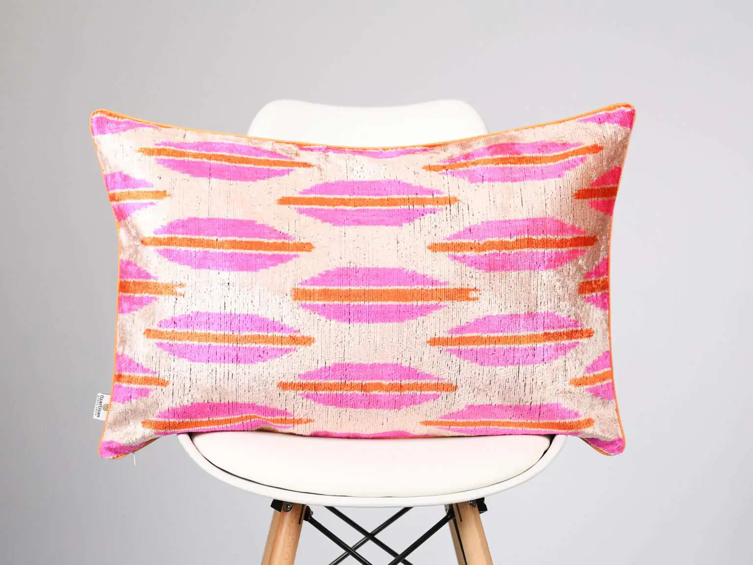 Pink Orange Handwoven Silk Velvet Ikat Lumbar Pillow Cover