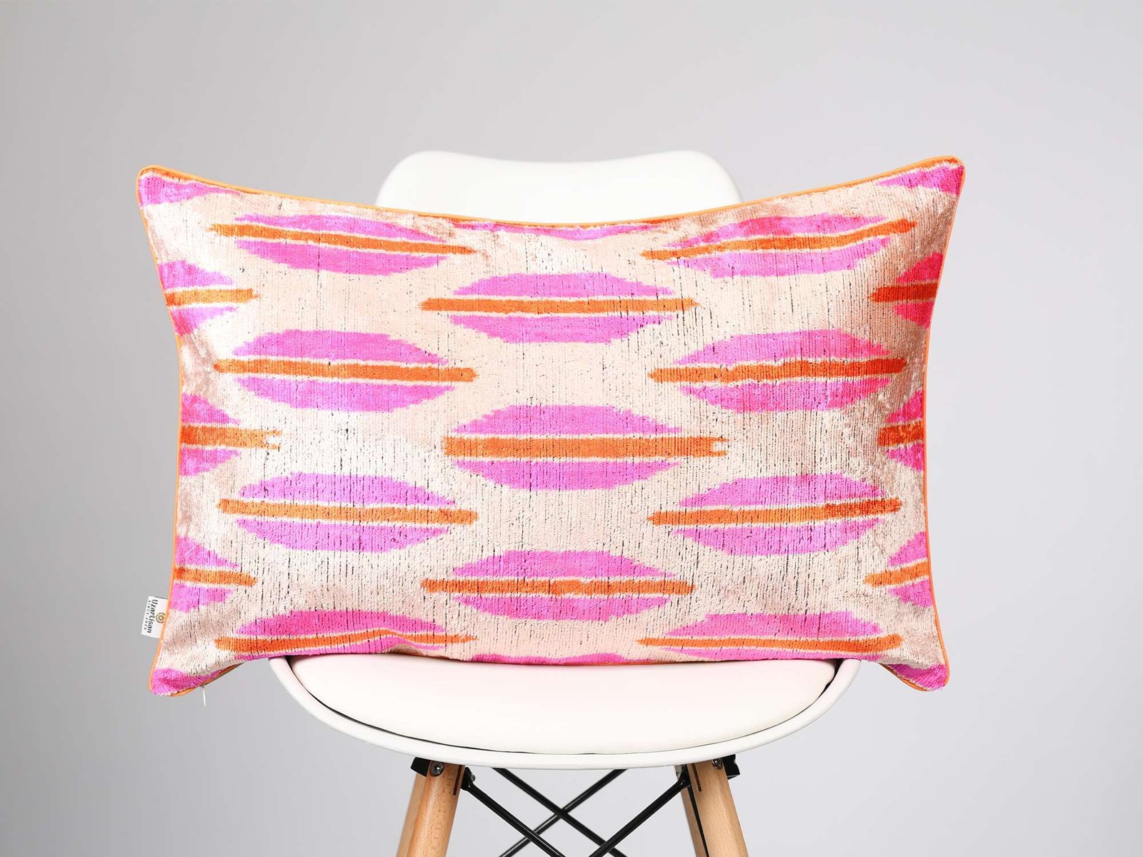 Pink Orange Handwoven Silk Velvet Ikat Lumbar Pillow Cover