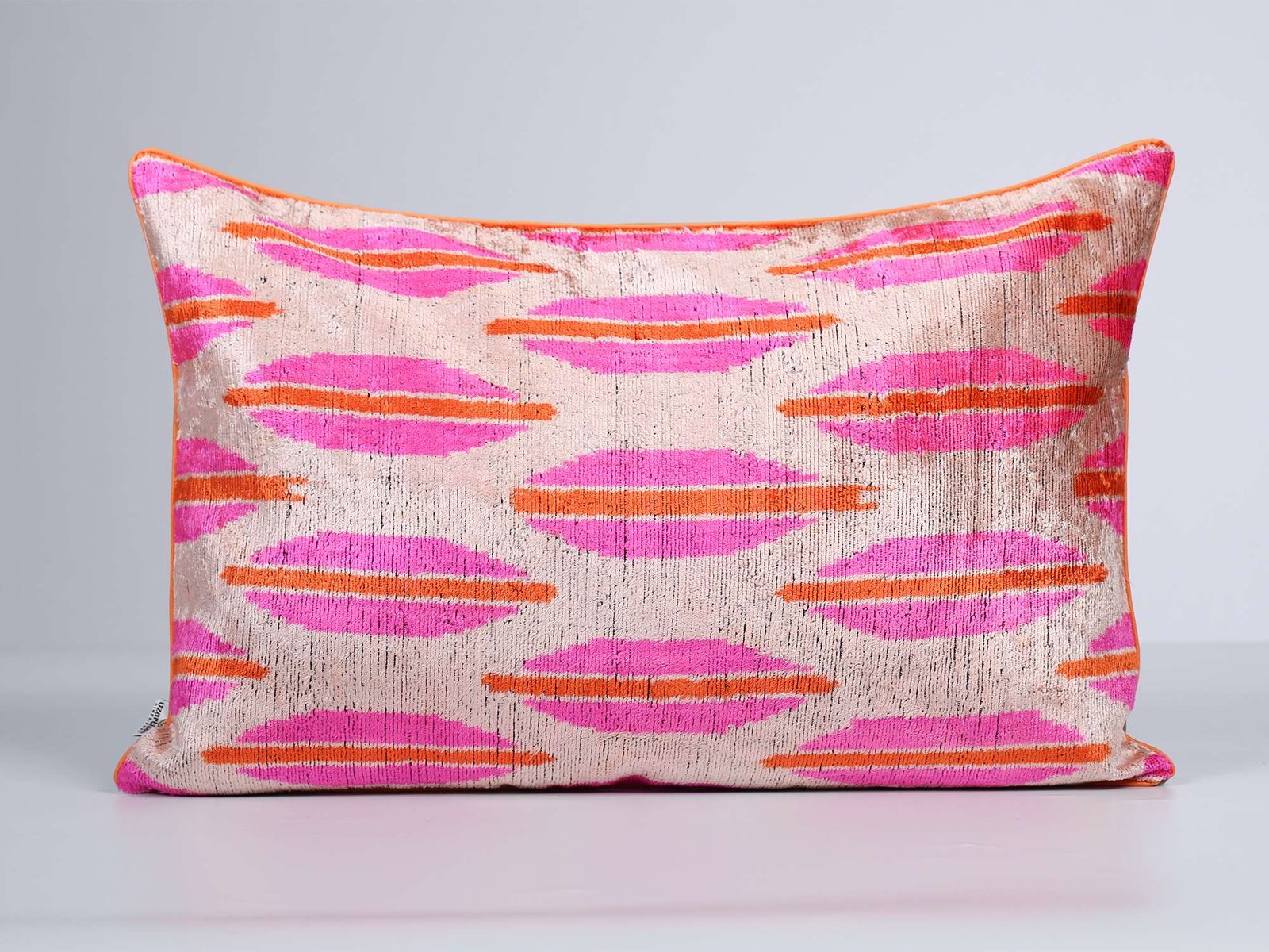 Pink Orange Handwoven Silk Velvet Ikat Lumbar Pillow Cover