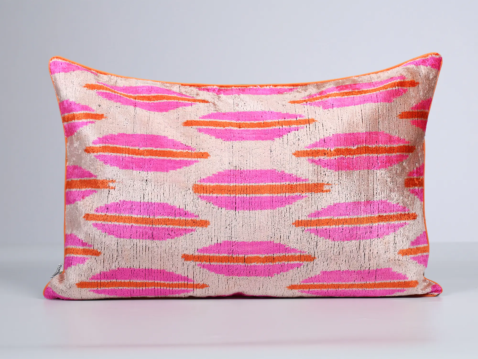 Pink Orange Handwoven Silk Velvet Ikat Lumbar Pillow Cover