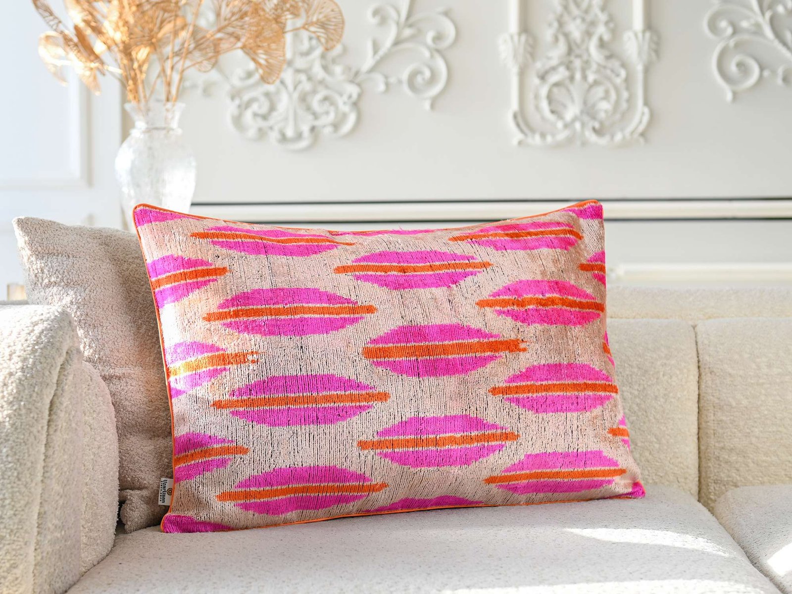 Pink Orange Handwoven Silk Velvet Ikat Lumbar Pillow Cover