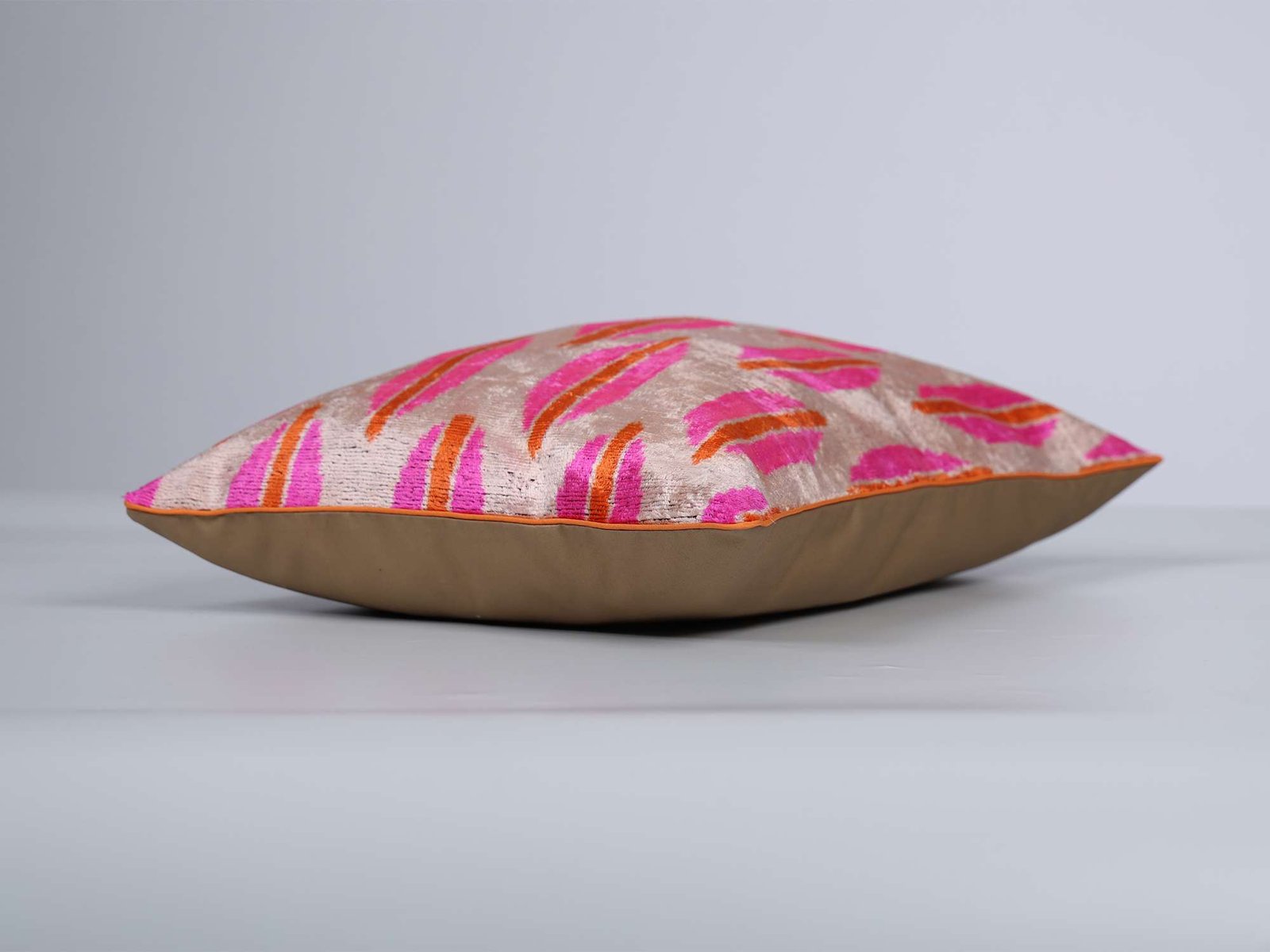 Pink Orange Handwoven Silk Velvet Ikat Lumbar Pillow Cover
