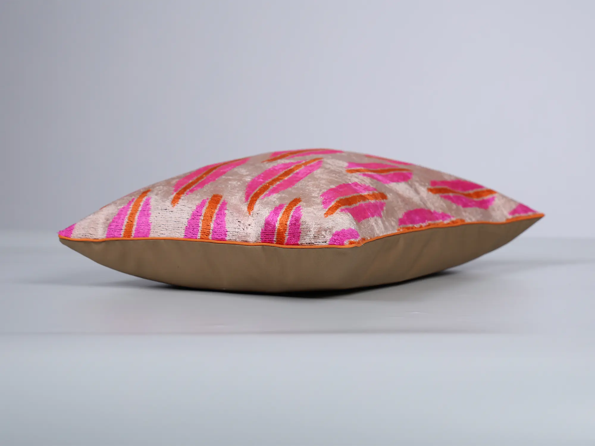 Pink Orange Handwoven Silk Velvet Ikat Lumbar Pillow Cover