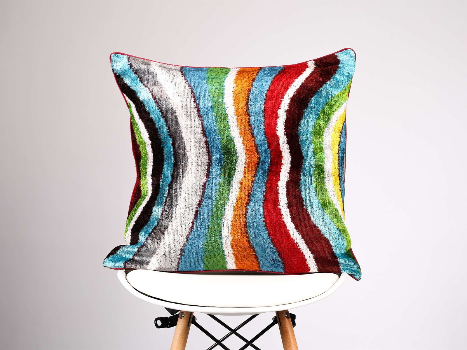 Multicolor Wave Handwoven Silk Velvet Ikat Pillow Cover