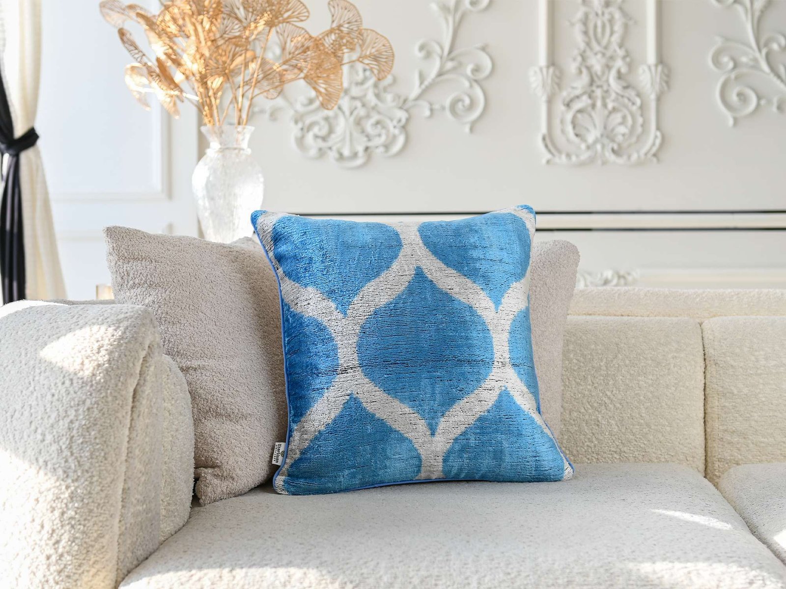 Blue Silver Handwoven Silk Velvet Ikat Lumbar Pillow Cover