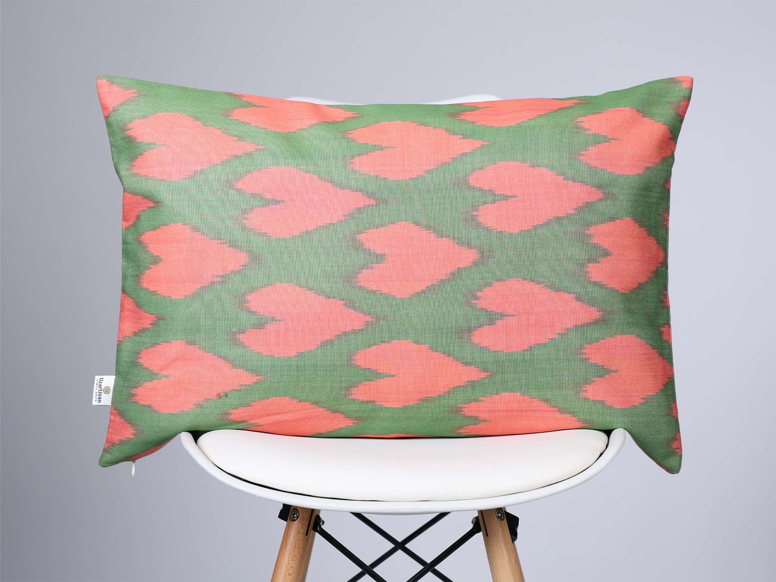 Pink and Green Ikat Pattern Cushion Cover