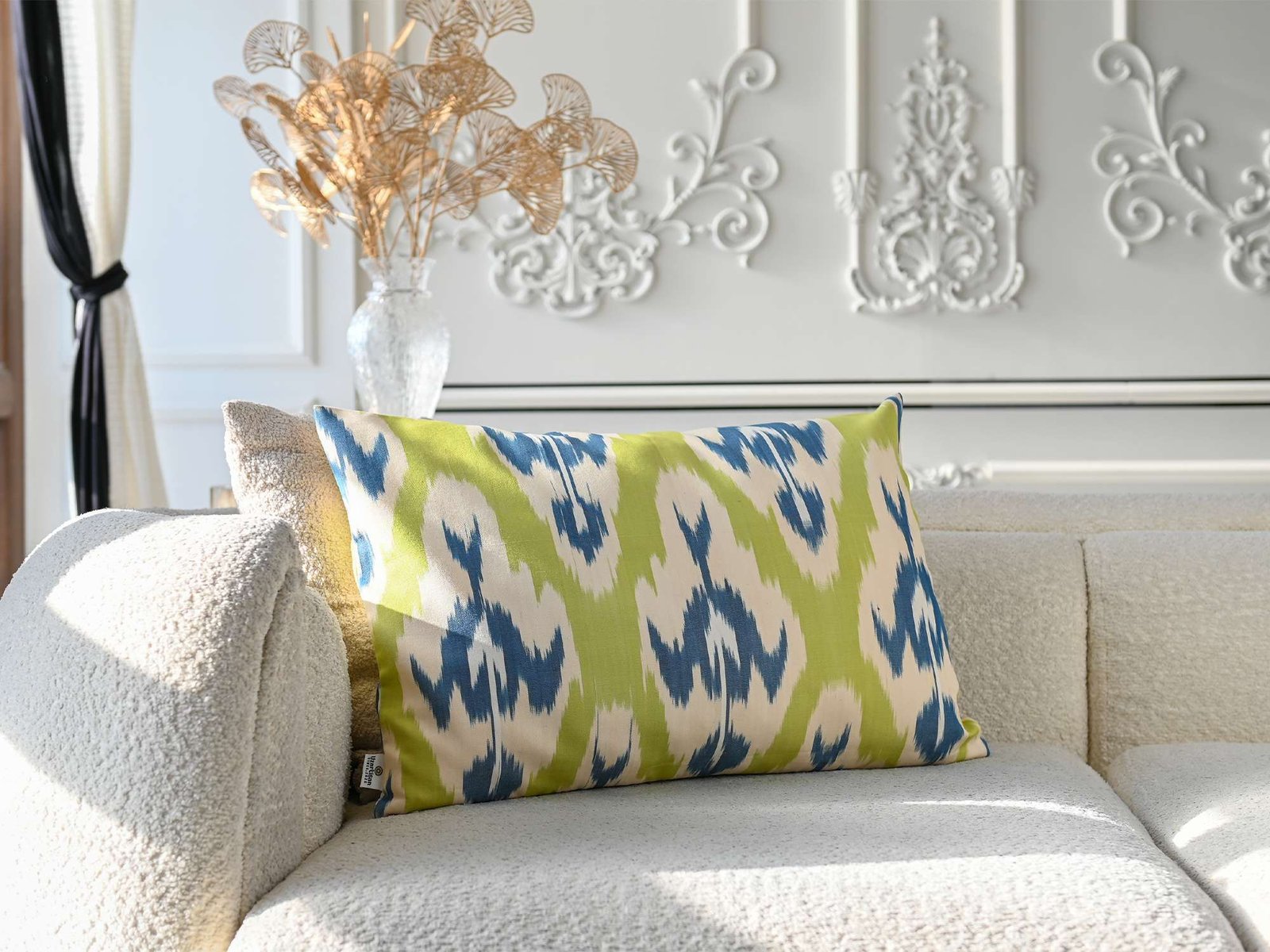 Lime Green and Blue Ikat Cushion Cover - Image 3