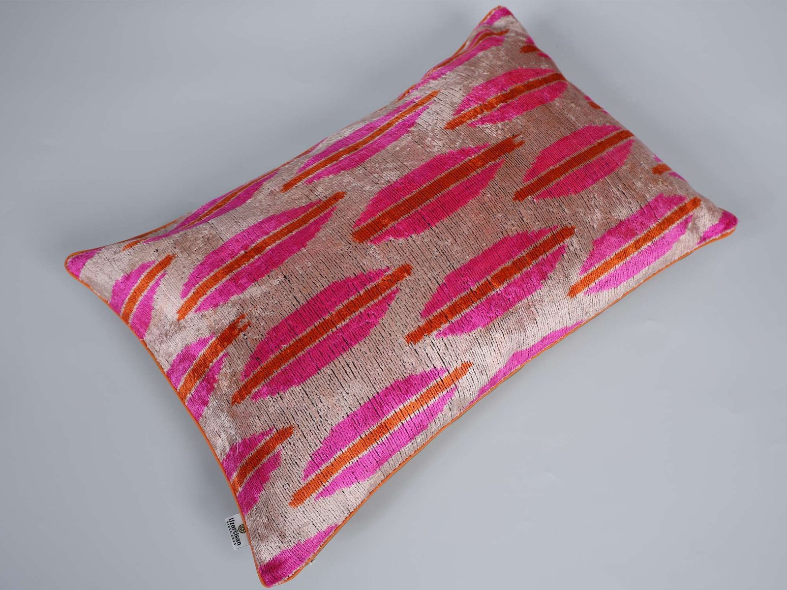Pink Orange Handwoven Silk Velvet Ikat Lumbar Pillow Cover