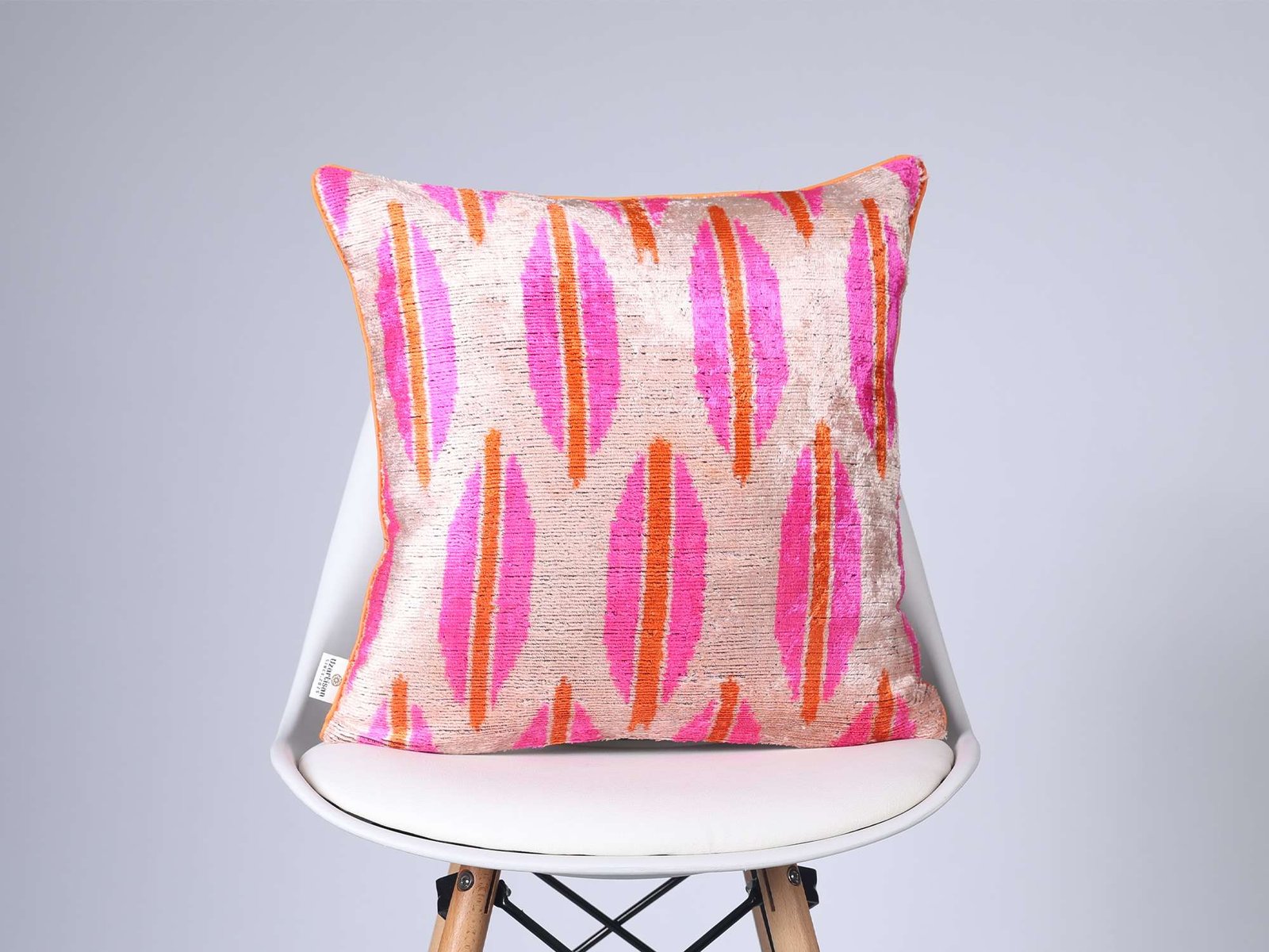 Pink Orange Handwoven Silk Velvet Ikat Lumbar Pillow Cover