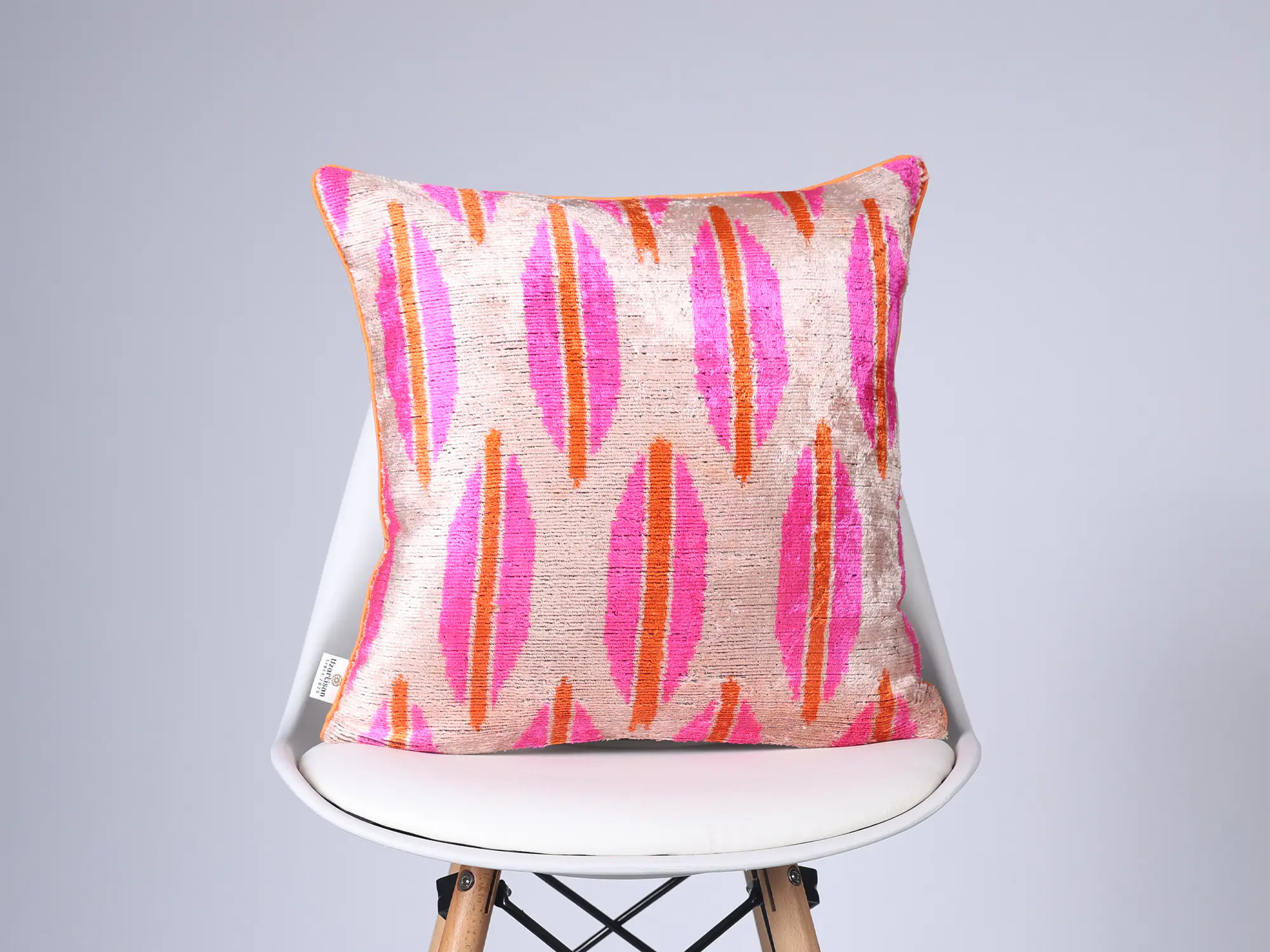 Pink Orange Handwoven Silk Velvet Ikat Lumbar Pillow Cover