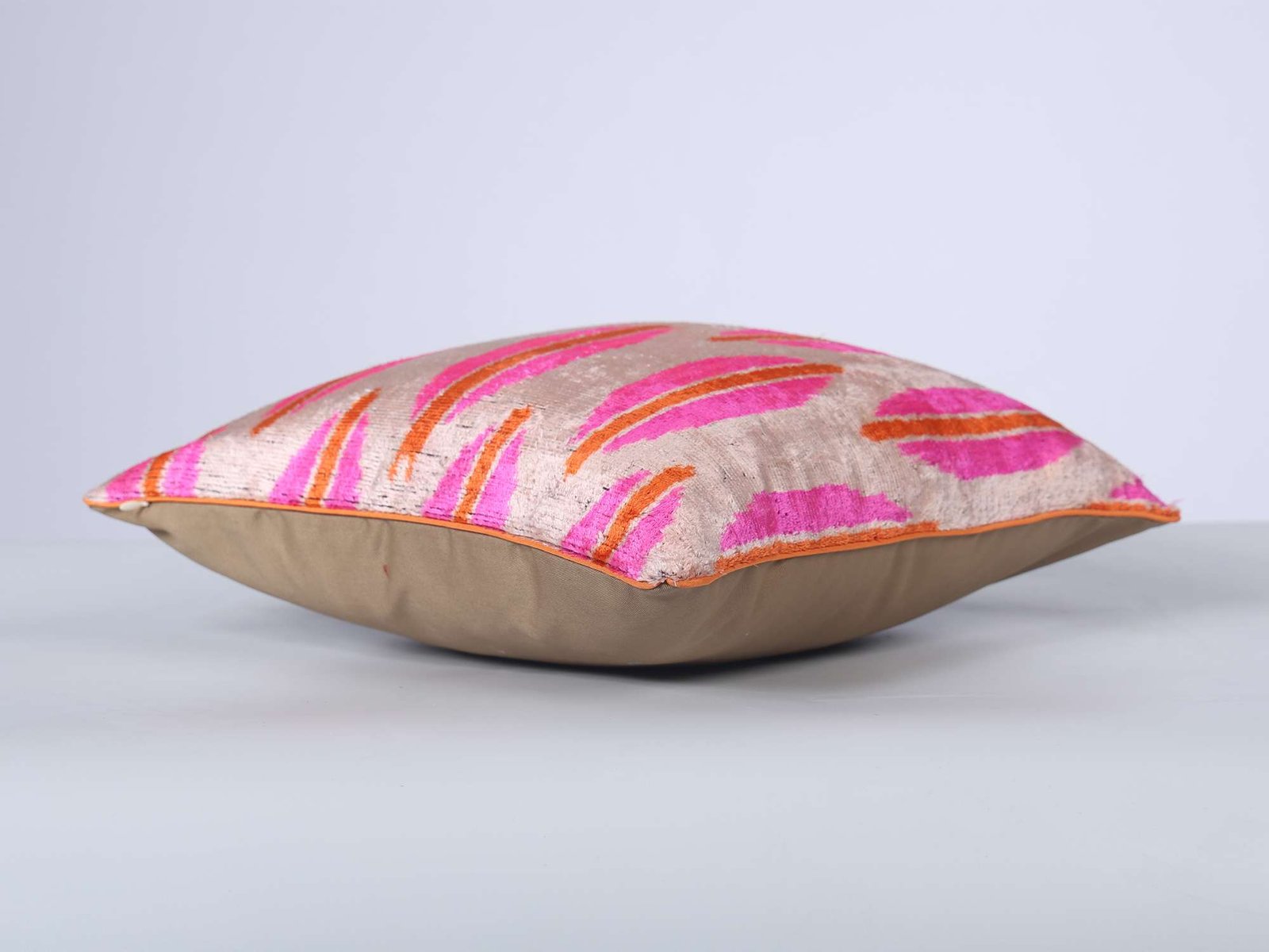 Pink Orange Handwoven Silk Velvet Ikat Lumbar Pillow Cover