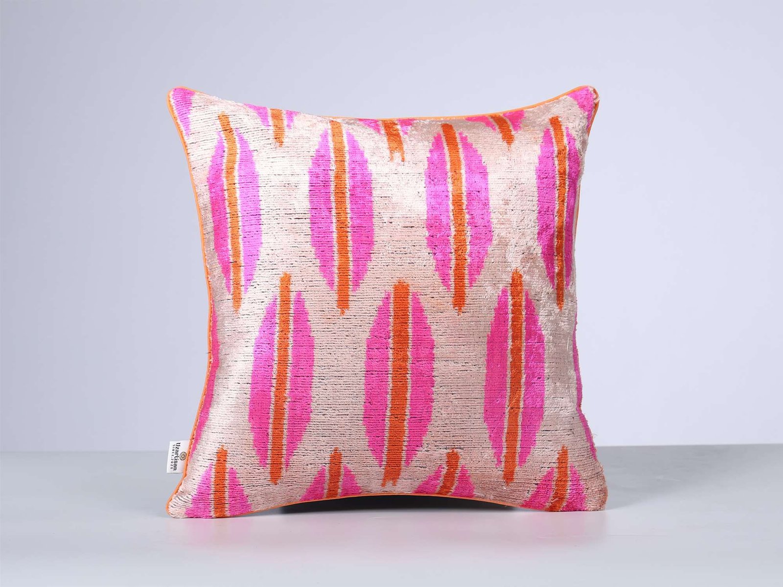 Pink Orange Handwoven Silk Velvet Ikat Lumbar Pillow Cover