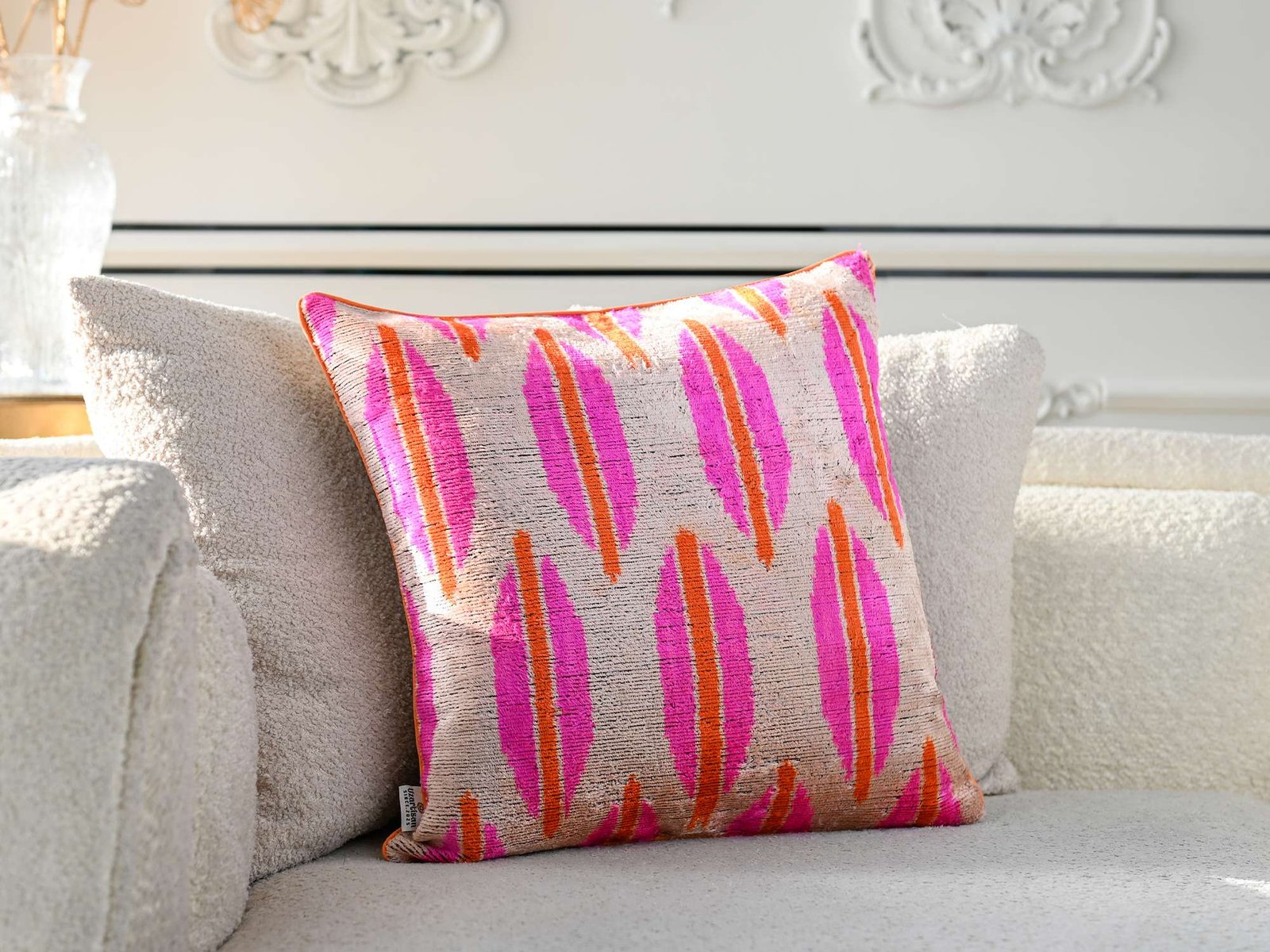 Pink Orange Handwoven Silk Velvet Ikat Lumbar Pillow Cover