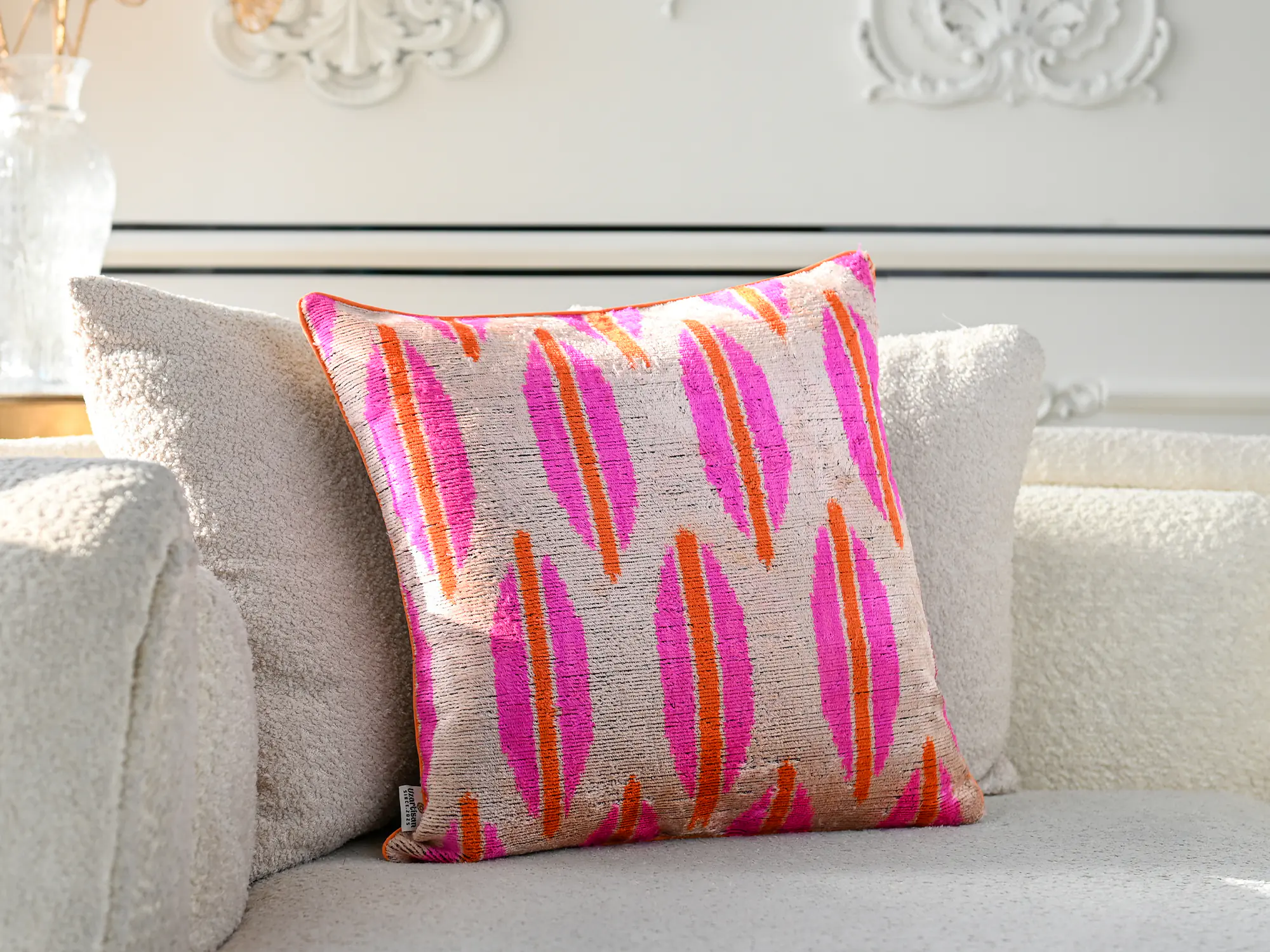 Pink Orange Handwoven Silk Velvet Ikat Lumbar Pillow Cover
