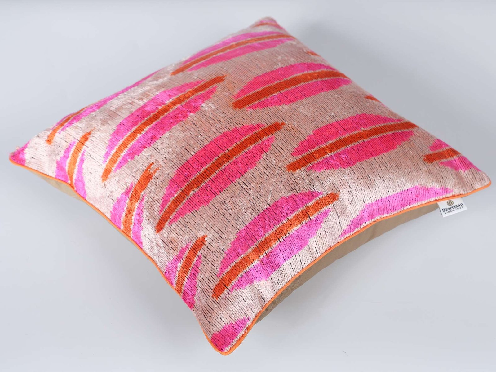 Pink Orange Handwoven Silk Velvet Ikat Lumbar Pillow Cover