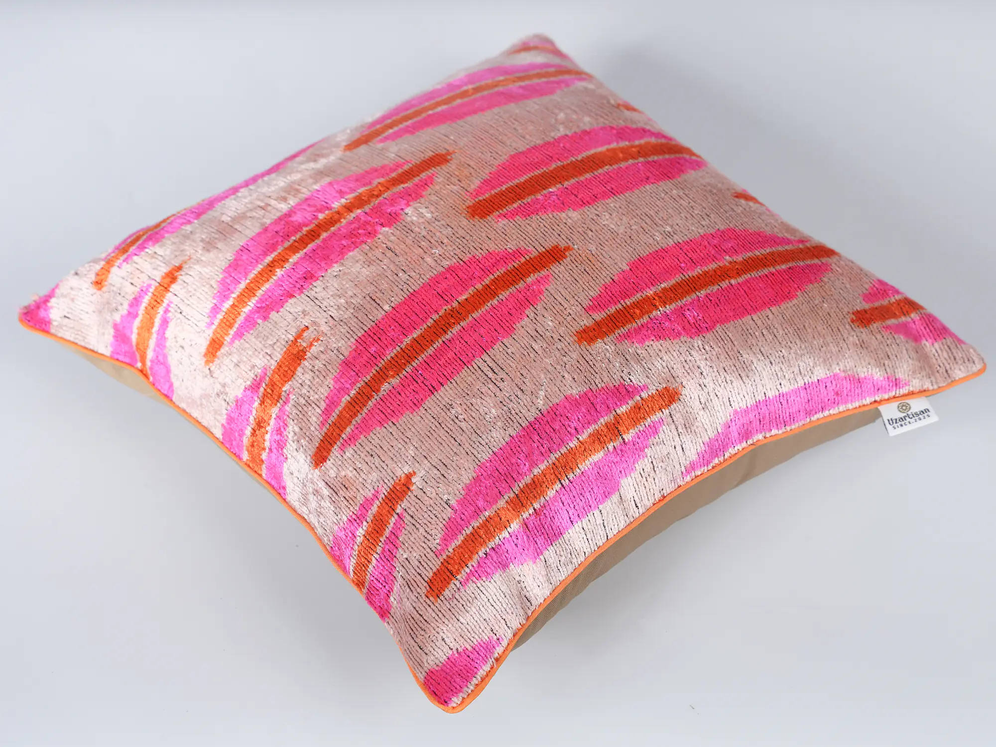 Pink Orange Handwoven Silk Velvet Ikat Lumbar Pillow Cover