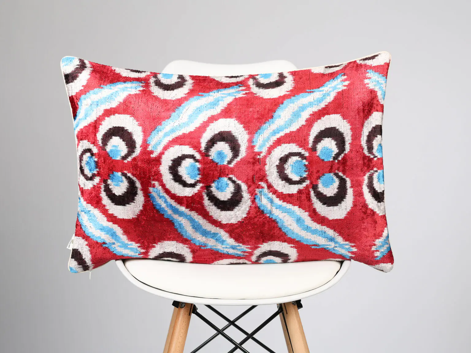 Red Blue Handwoven Silk Velvet Ikat Lumbar Pillow Cover