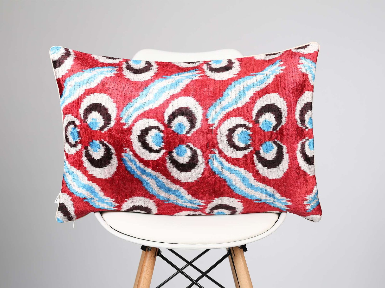 Red Blue Handwoven Silk Velvet Ikat Lumbar Pillow Cover