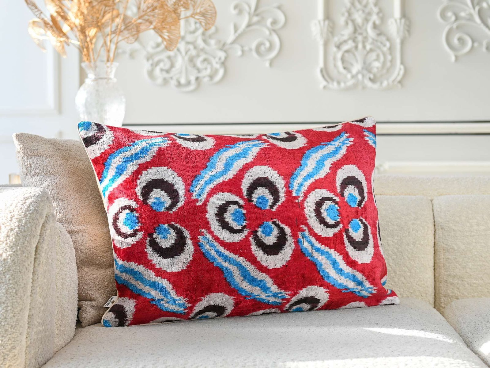 Red Blue Handwoven Silk Velvet Ikat Lumbar Pillow Cover