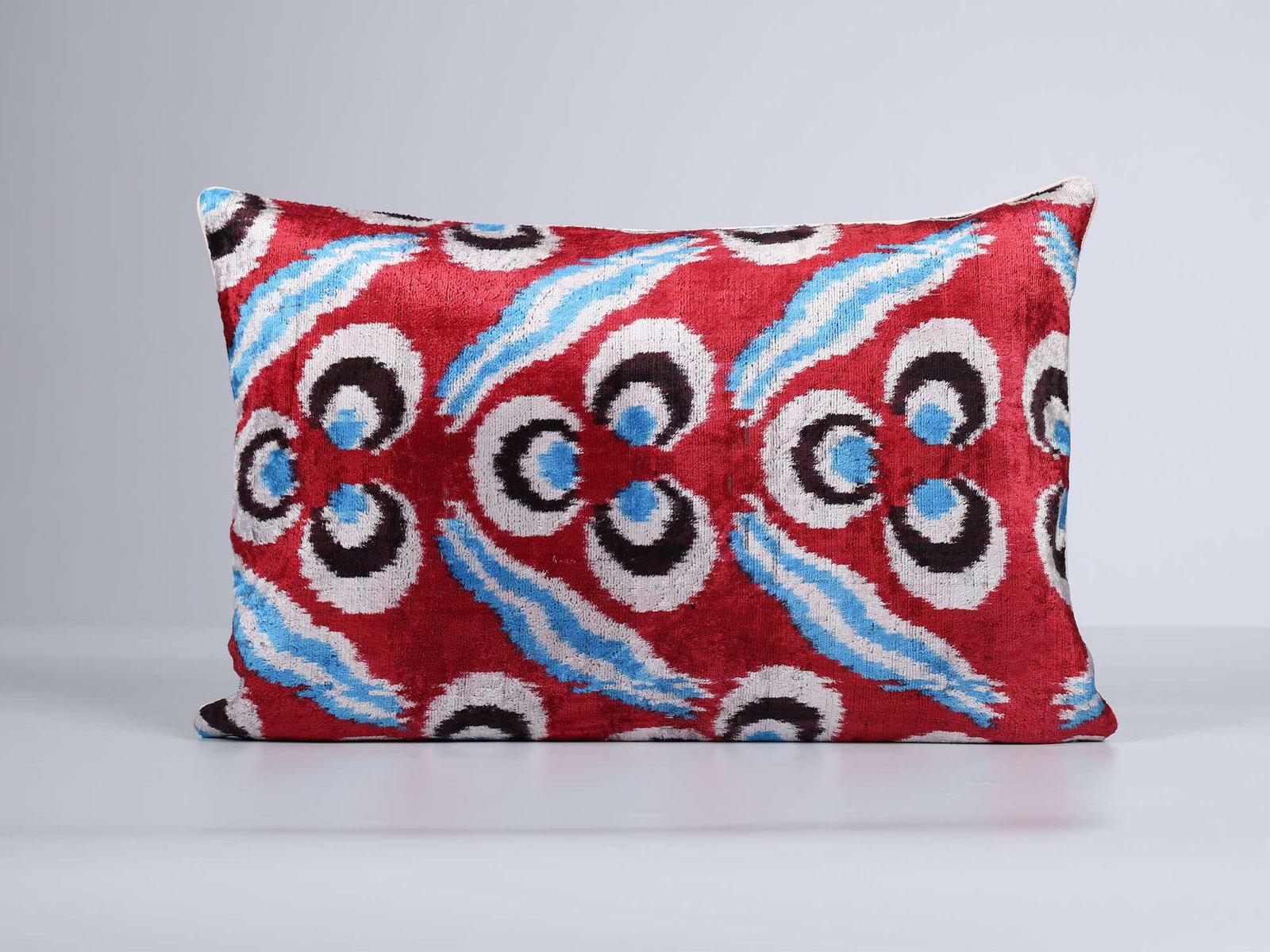 Red Blue Handwoven Silk Velvet Ikat Lumbar Pillow Cover