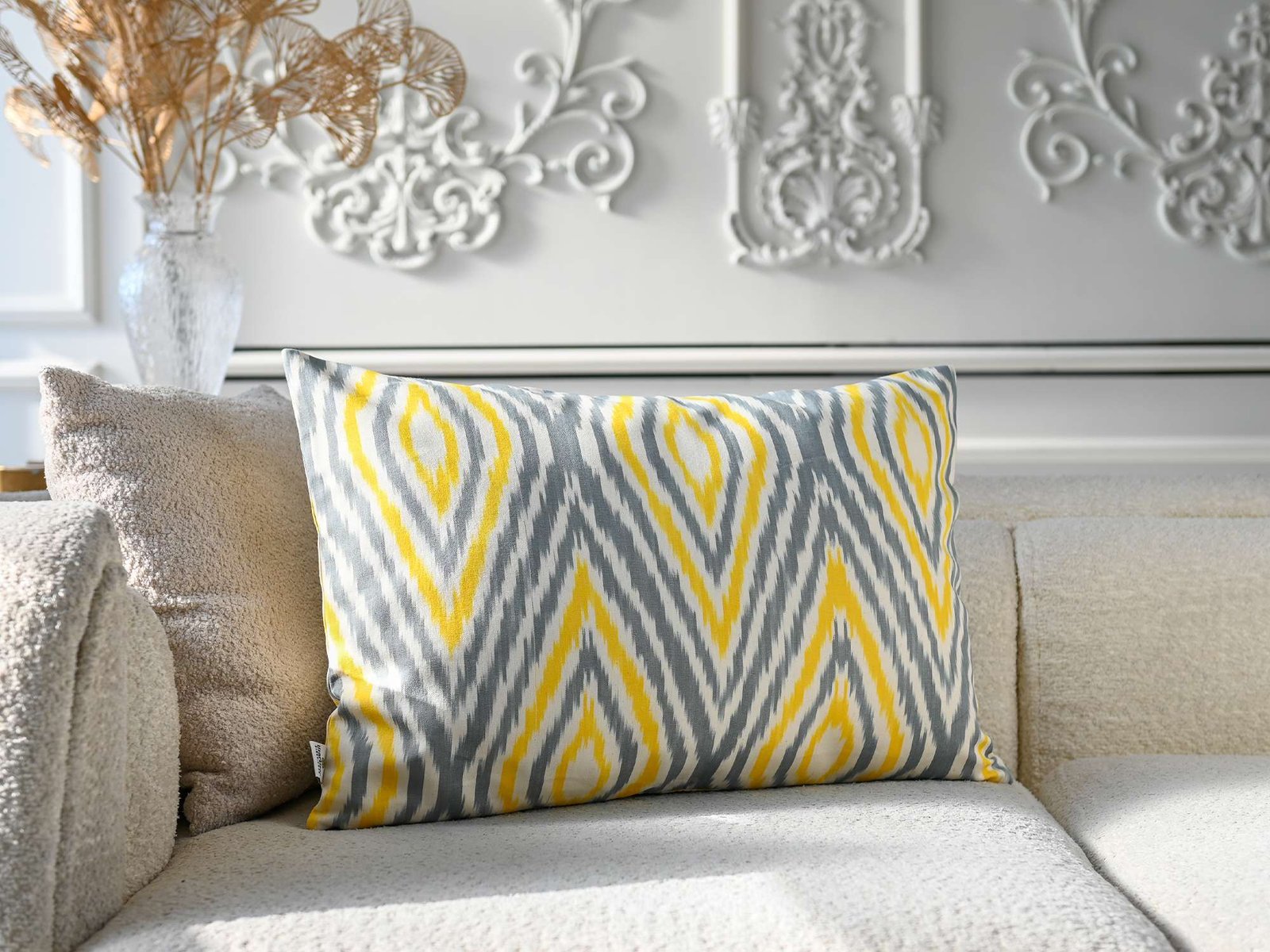 Yellow Gray Ikat Pillow Cover – Modern Decorative Cushion - Image 7