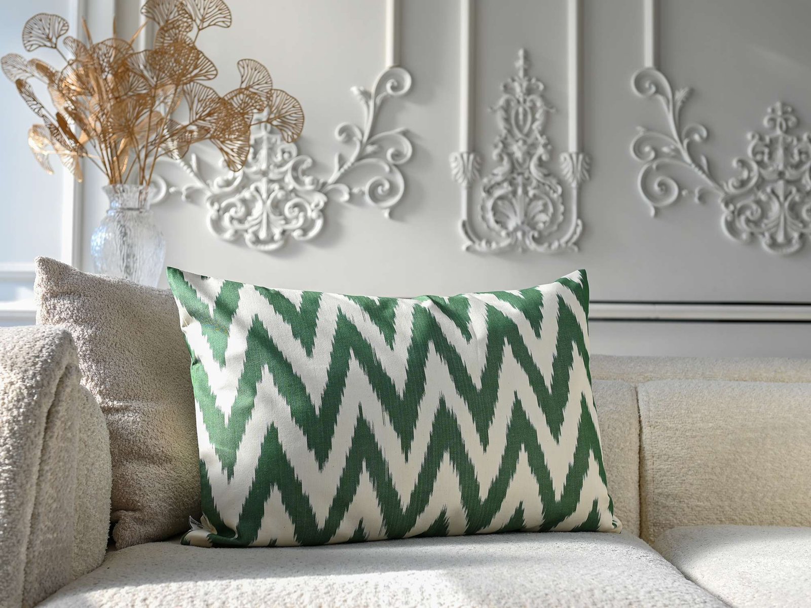 Green Chevron Cotton Ikat Cushion - Image 3