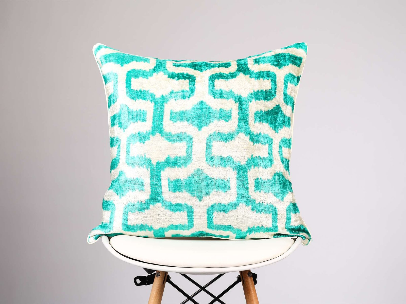 Teal Silk Velvet Geometric Ikat Pillow Cover