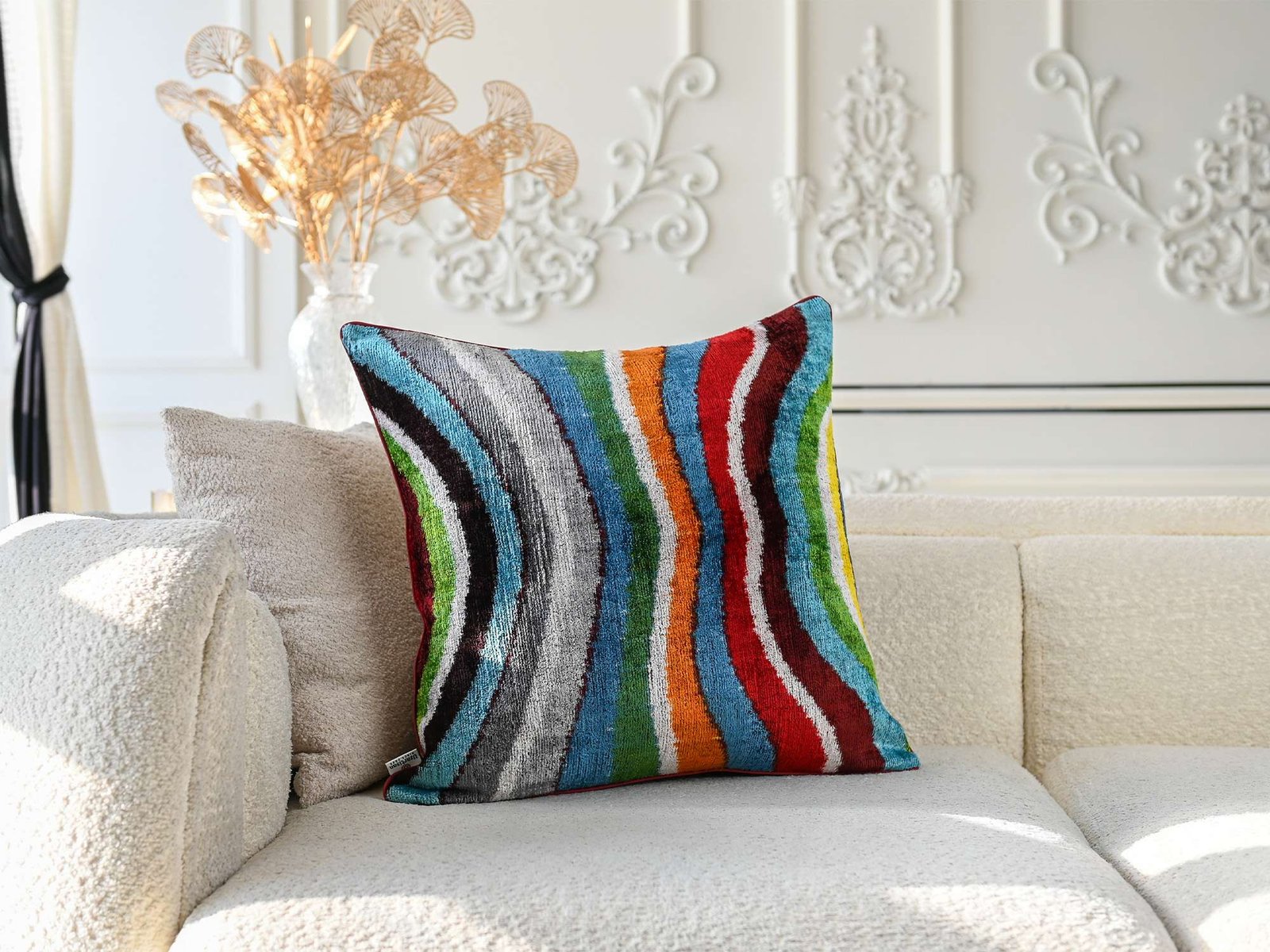 Multicolor Wave Handwoven Silk Velvet Ikat Pillow Cover - Image 7