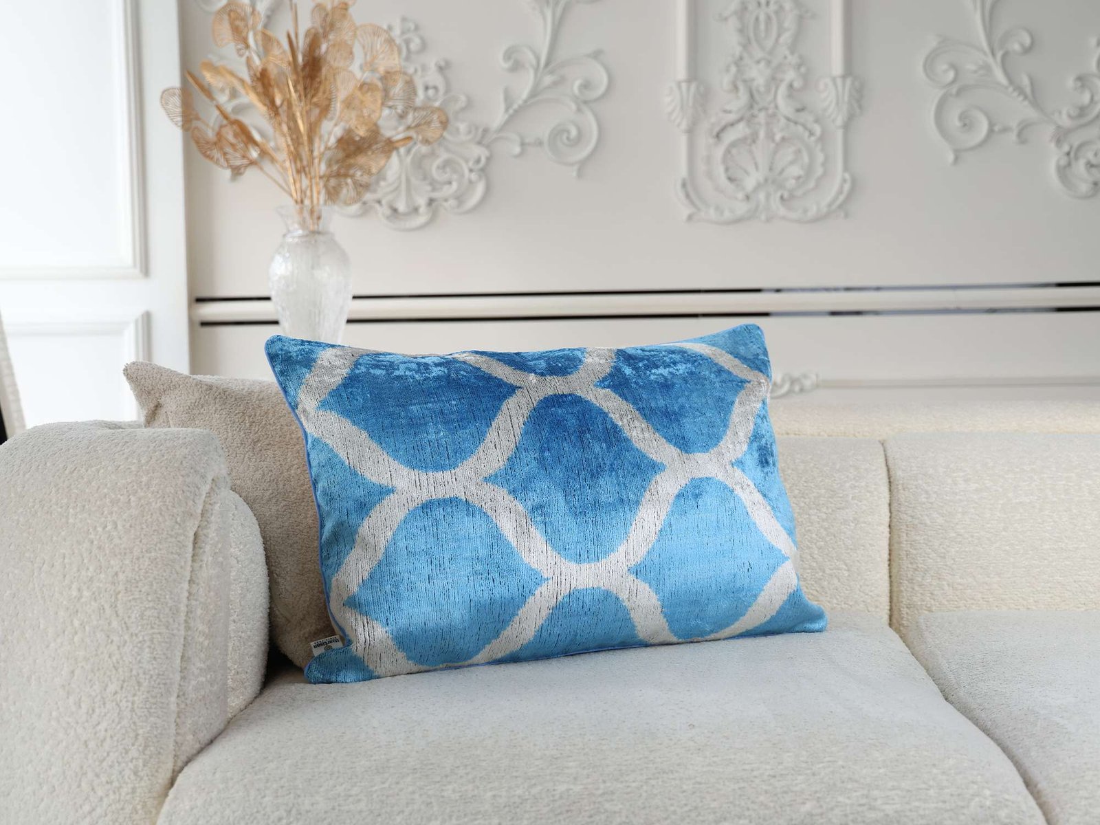 Blue Silver Handwoven Silk Velvet Ikat Lumbar Pillow Cover