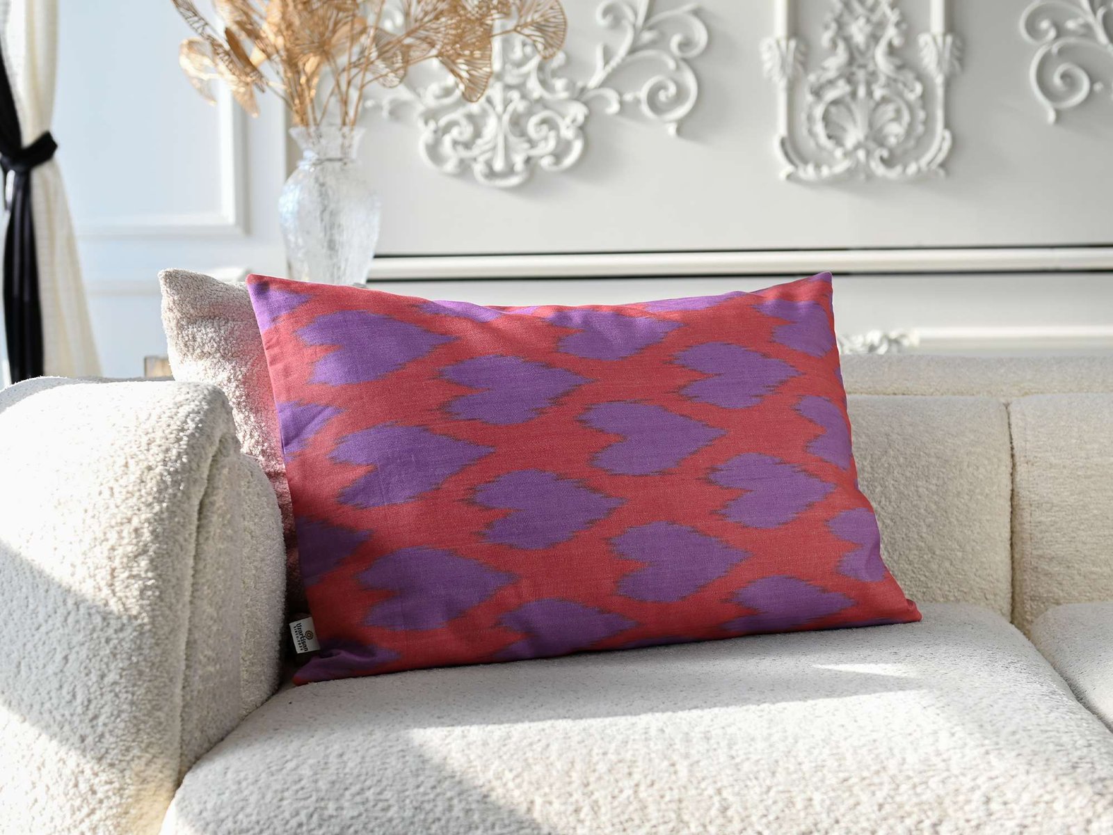 Coral Pink and Lavender Ikat Cushion Cover - Image 3