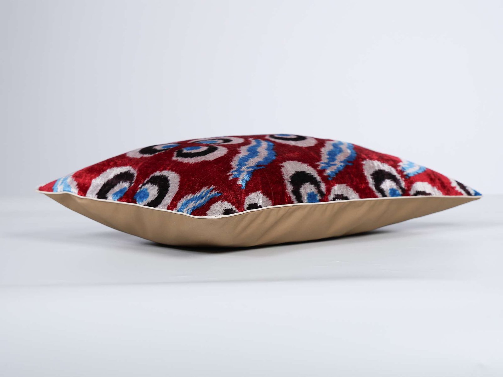 Red Blue Handwoven Silk Velvet Ikat Lumbar Pillow Cover