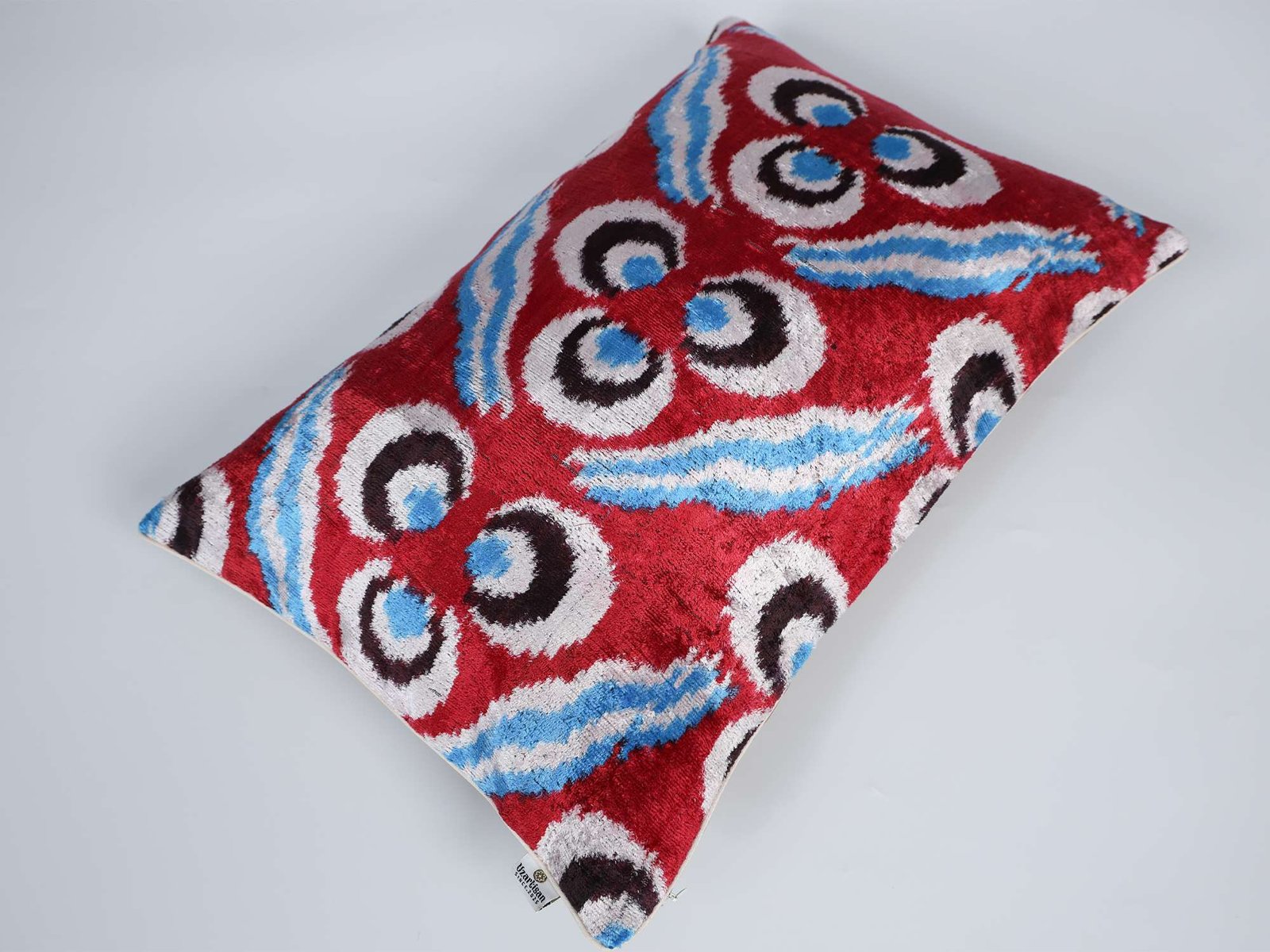 Red Blue Handwoven Silk Velvet Ikat Lumbar Pillow Cover