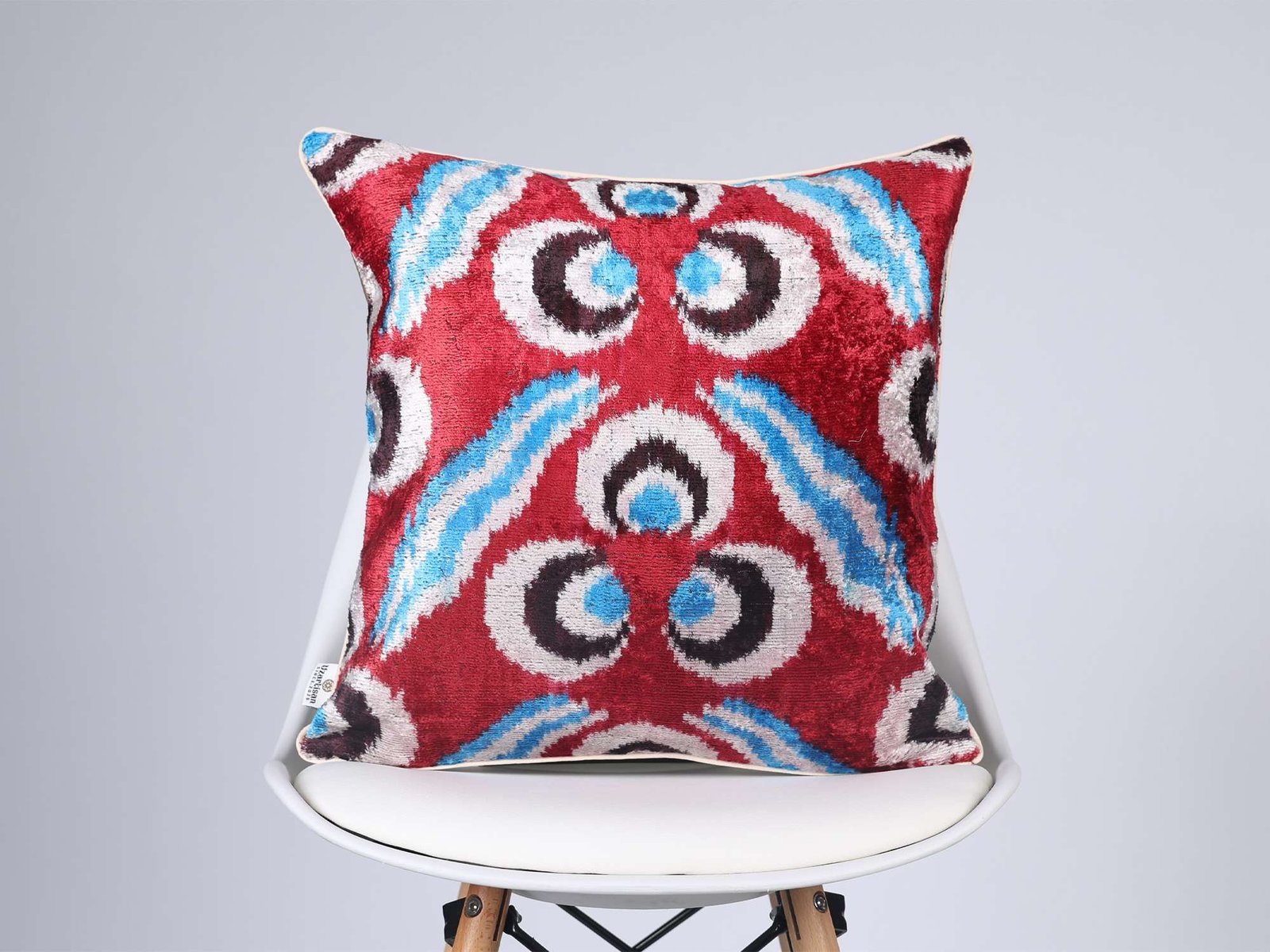 Red Blue Handwoven Silk Velvet Ikat Lumbar Pillow Cover