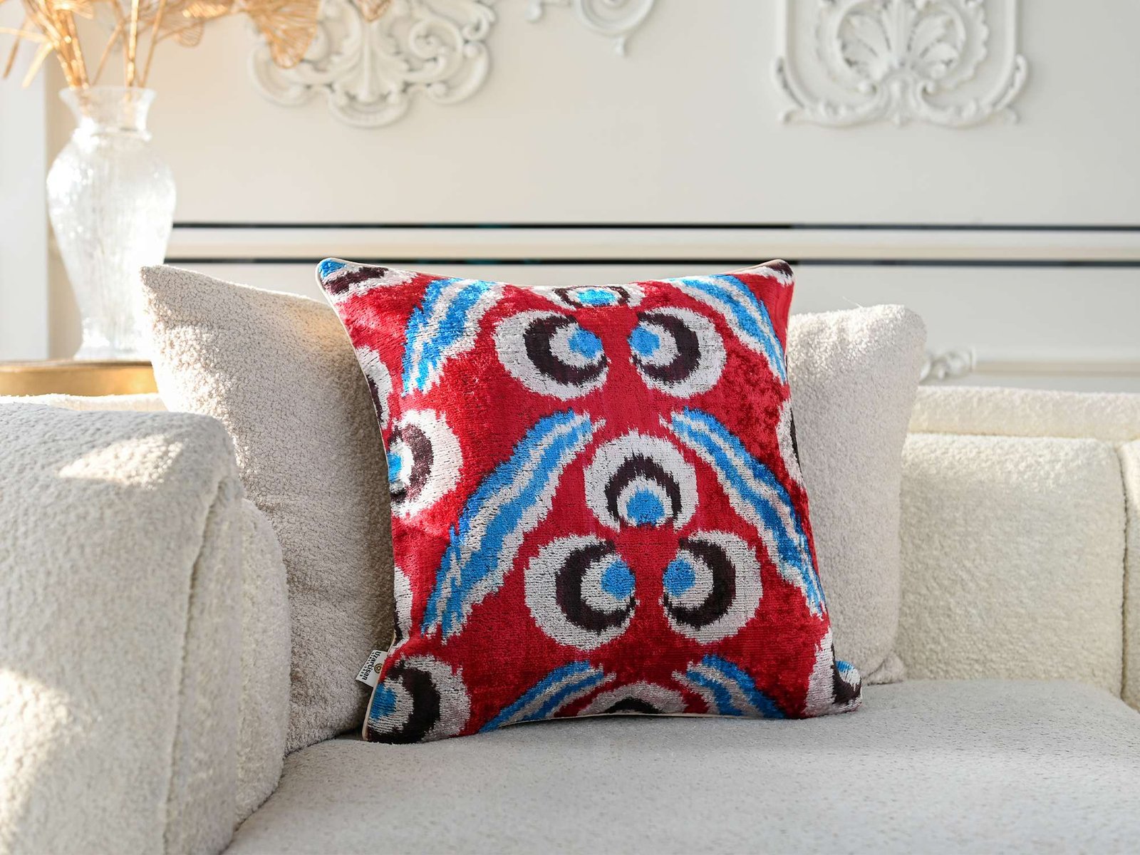 Red Blue Handwoven Silk Velvet Ikat Lumbar Pillow Cover