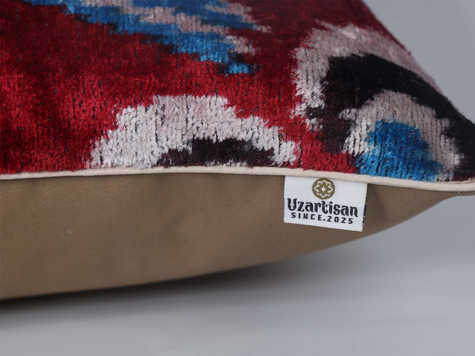 Red Blue Handwoven Silk Velvet Ikat Lumbar Pillow Cover