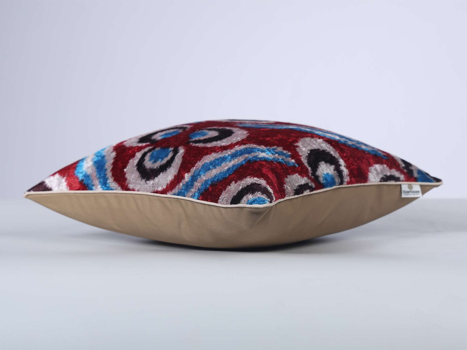 Red Blue Handwoven Silk Velvet Ikat Lumbar Pillow Cover