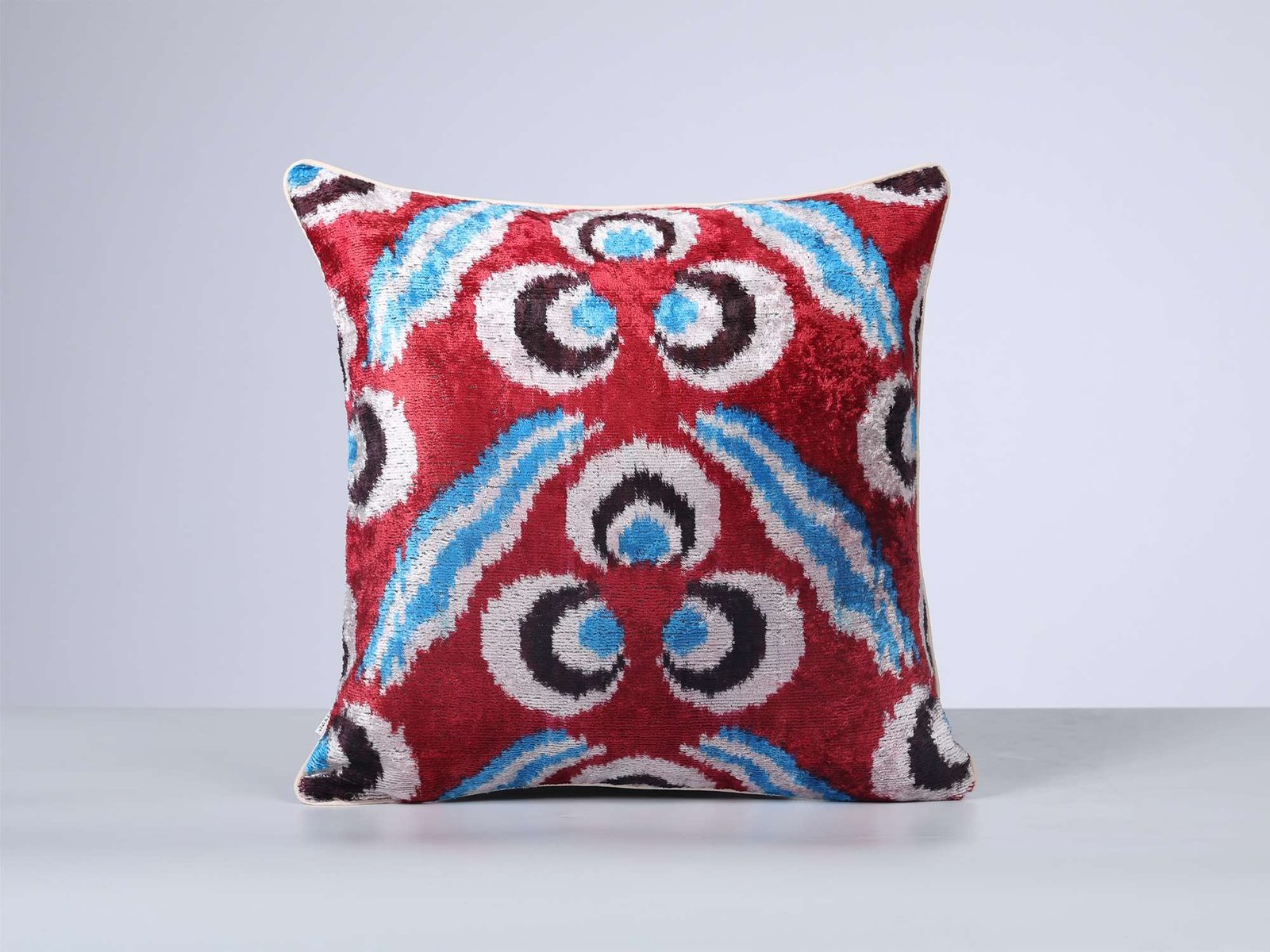 Red Blue Handwoven Silk Velvet Ikat Lumbar Pillow Cover