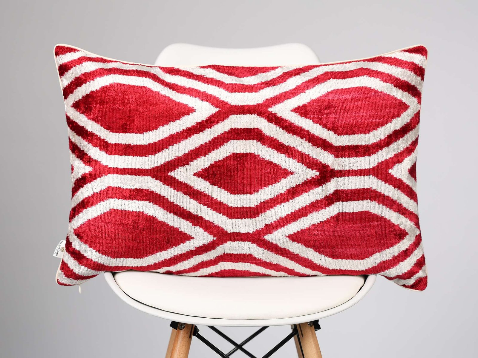 Red White Handwoven Silk Velvet Geometric Ikat Lumbar Pillow Cover