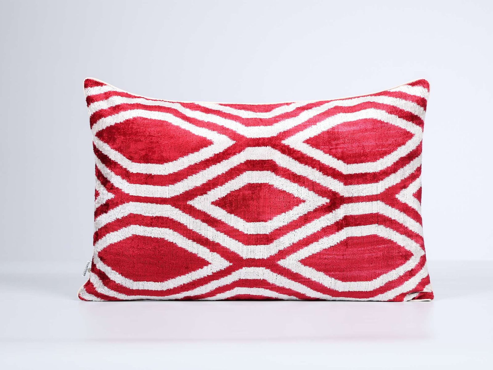 Red White Handwoven Silk Velvet Geometric Ikat Lumbar Pillow Cover