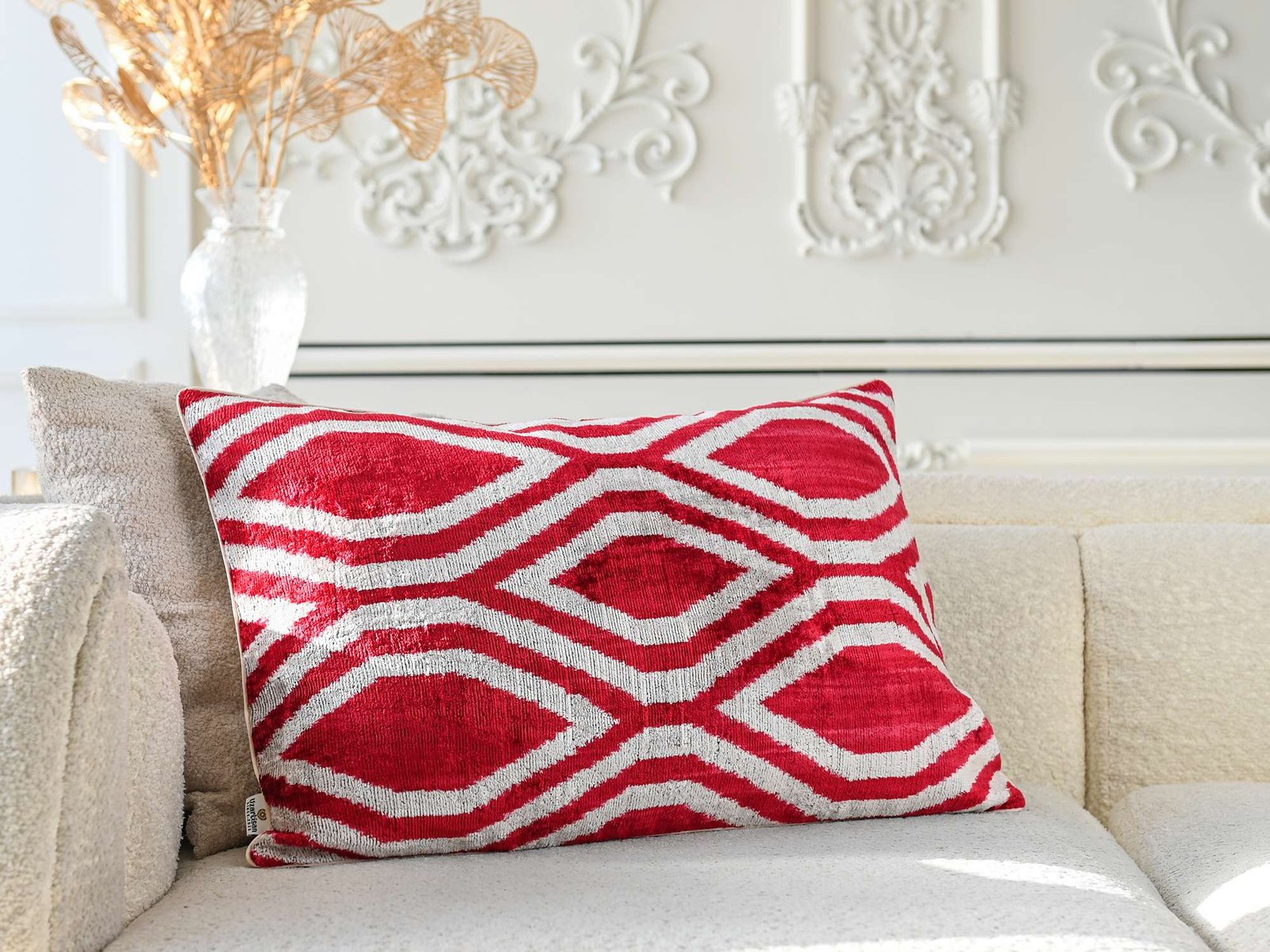 Red White Handwoven Silk Velvet Geometric Ikat Lumbar Pillow Cover