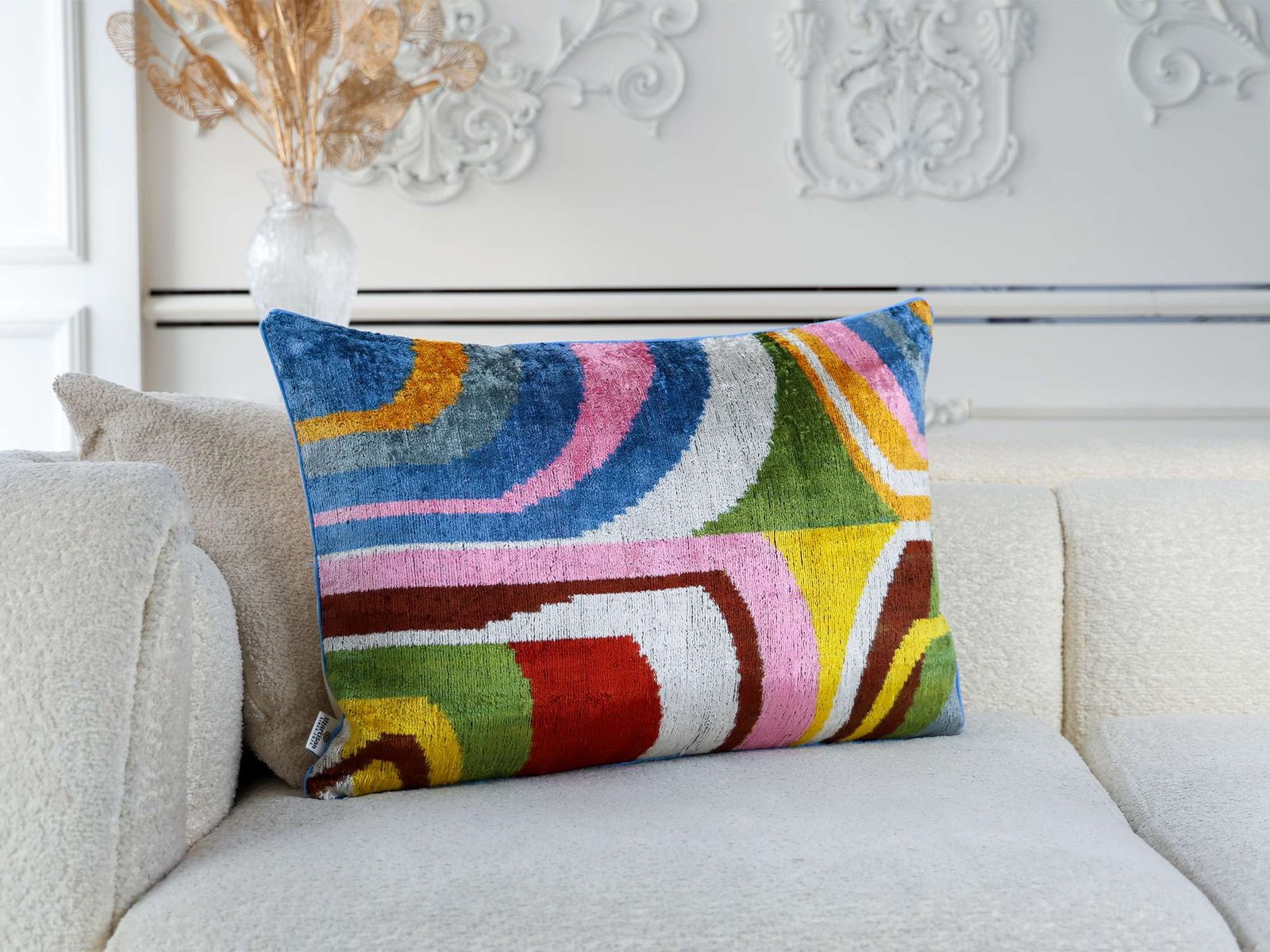 Multicolor Abstract Handwoven Silk Velvet Lumbar Pillow Cover - Image 4