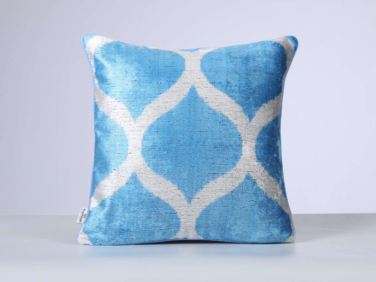 Blue Silver Handwoven Silk Velvet Ikat Lumbar Pillow Cover