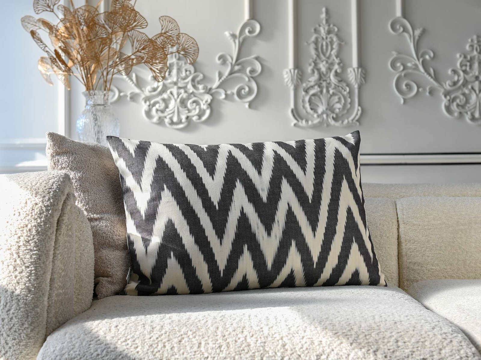 Black Chevron Cotton Ikat Cushion - Image 3