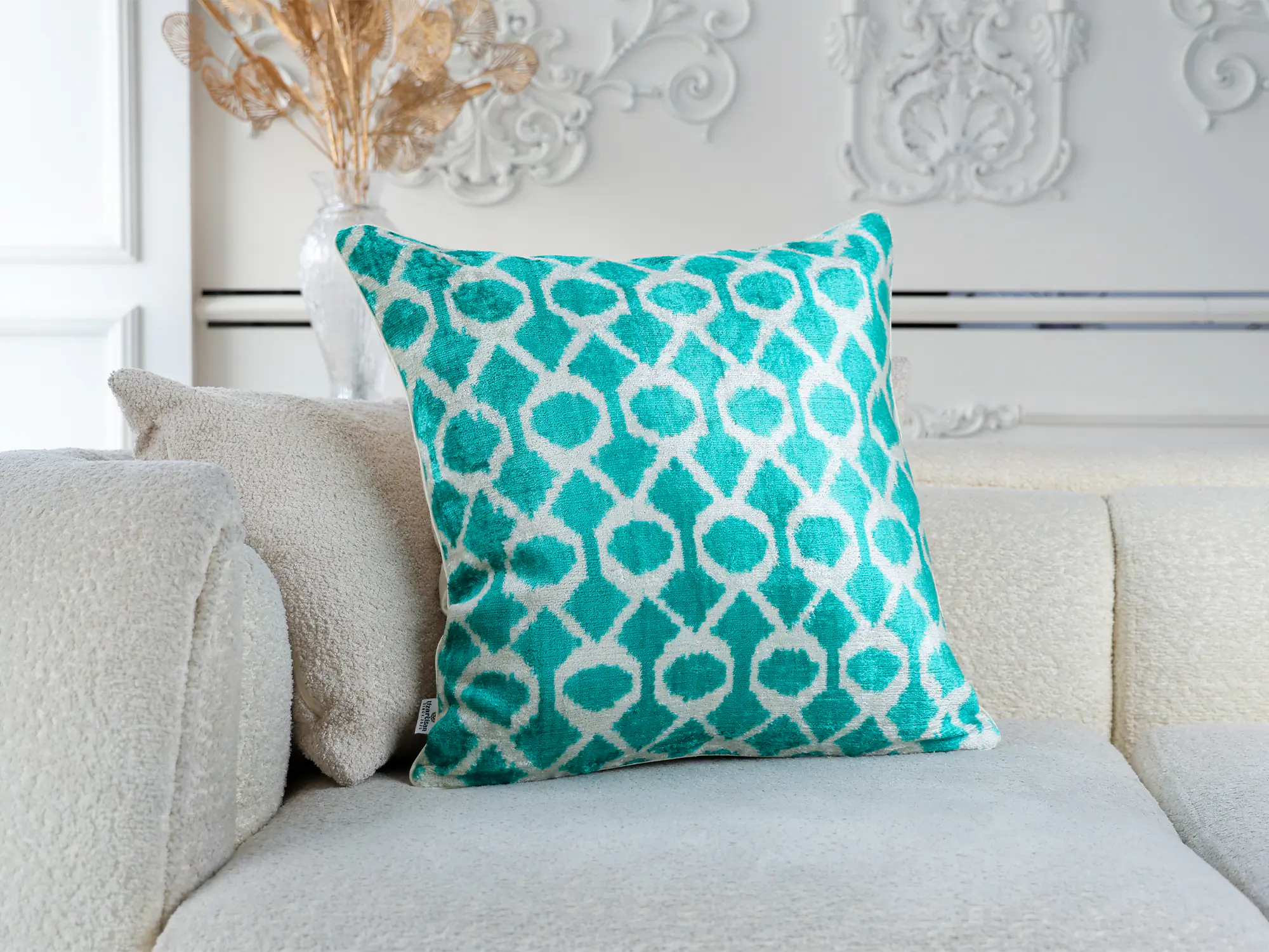 Teal Silk Velvet Ikat Pillow Cover