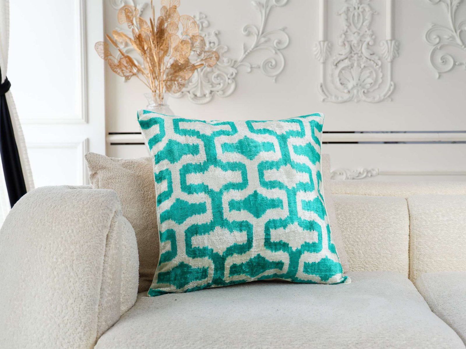 Teal Silk Velvet Geometric Ikat Pillow Cover - Image 7