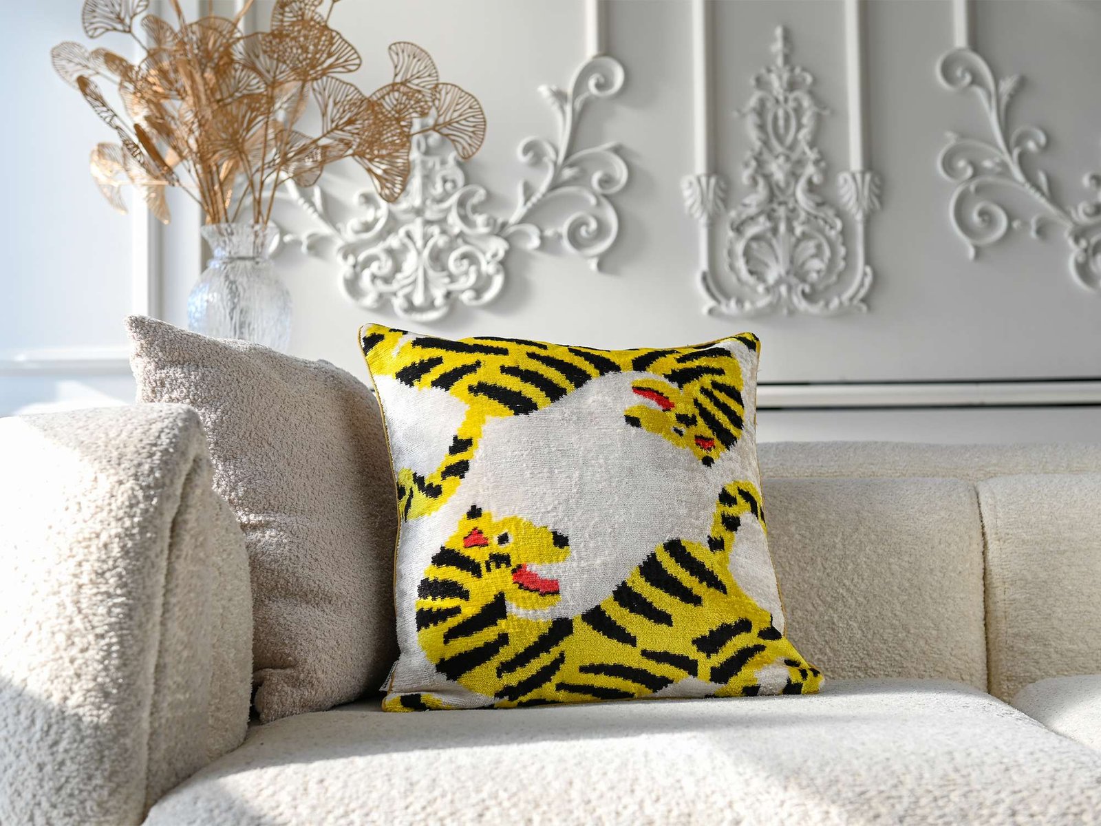 Yellow Tiger Handwoven Silk Velvet Lumbar Pillow Cover - Image 4